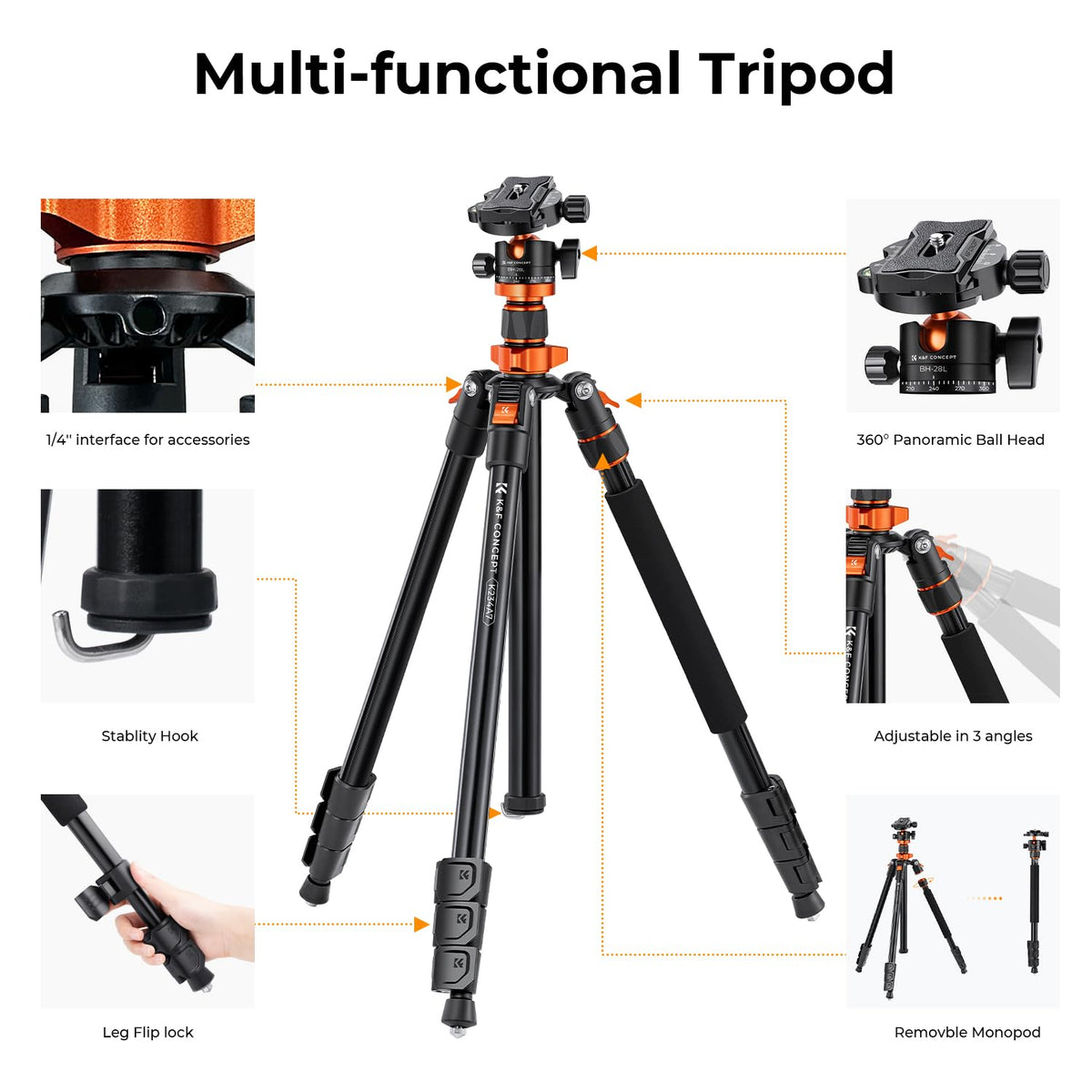 K&F Concept 200cm tripod, aluminum camera tripod, K234A7(S210) tripod with monopod function, 360° ball head incl. quick-release plate for Canon Nikon Sony Olympus - O234A7+BH-28L