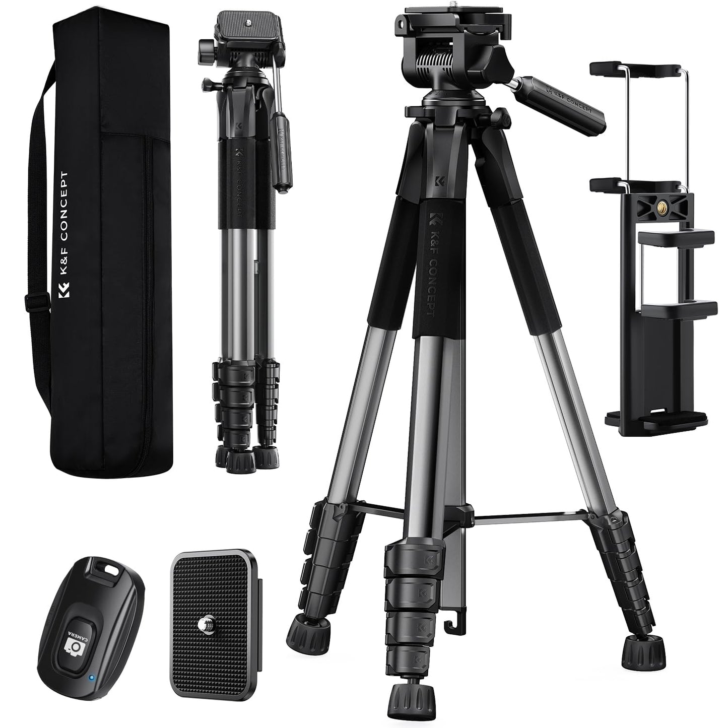 K&F CONCEPT Camera tripod S255A3+BV01, lightweight tripod with bag, 190 cm mobile phone tripod, tripod for Canon Nikon Sony camera/DSLR, tripod for smartphone, travel tripod with mobile phone tablet holder (black)