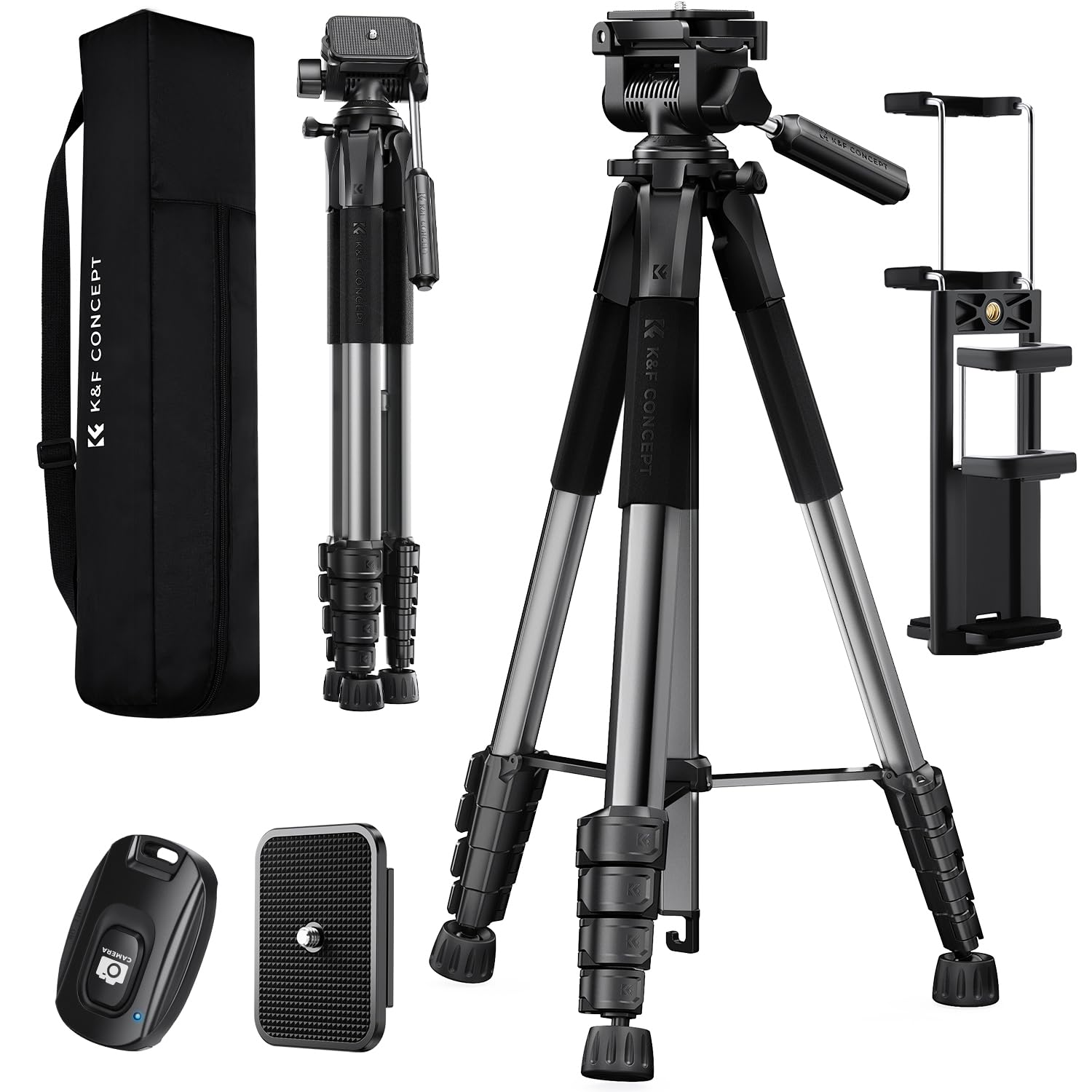 K&F CONCEPT Camera tripod S255A3+BV01, lightweight tripod with bag, 190 cm mobile phone tripod, tripod for Canon Nikon Sony camera/DSLR, tripod for smartphone, travel tripod with mobile phone tablet holder (black)