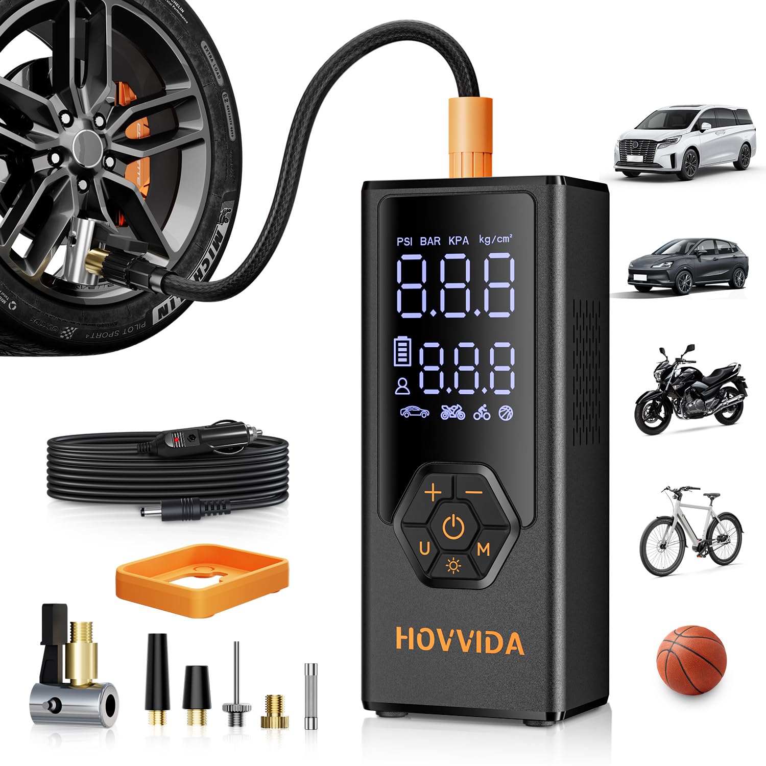 HOVVIDA Electric Air Pump, Portable Battery Bicycle Pump, 7800 mAh Battery, 12V DC, 10.3Bar (150 PSI), 40L/min Air Flow, Quick Inflation, Portable Air Pump for MPV, SUV, Car, Motorcycle, Bicycle, Ball - AM41J3