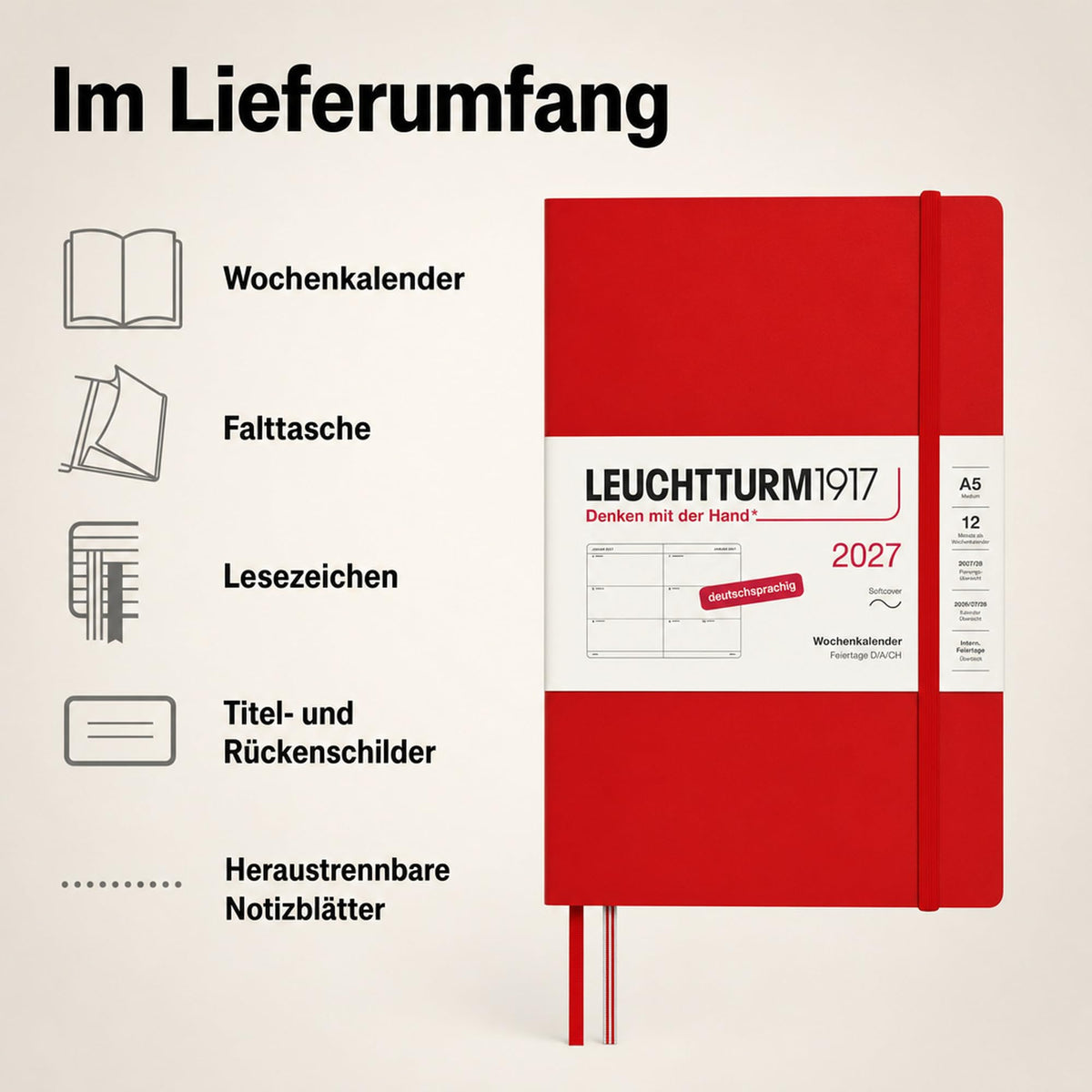 LEUCHTTURM1917 Calendar săptămânal 2027 Mediu (A5) - Germană, Cireș, Copertă moale, 145 x 210 mm, 12 luni - ianuarie-decembrie 2027, 1 săptămână pe pagină dublă, hârtie de 80 g/m² cu compatibilitate ridicată cu cerneală - 400128