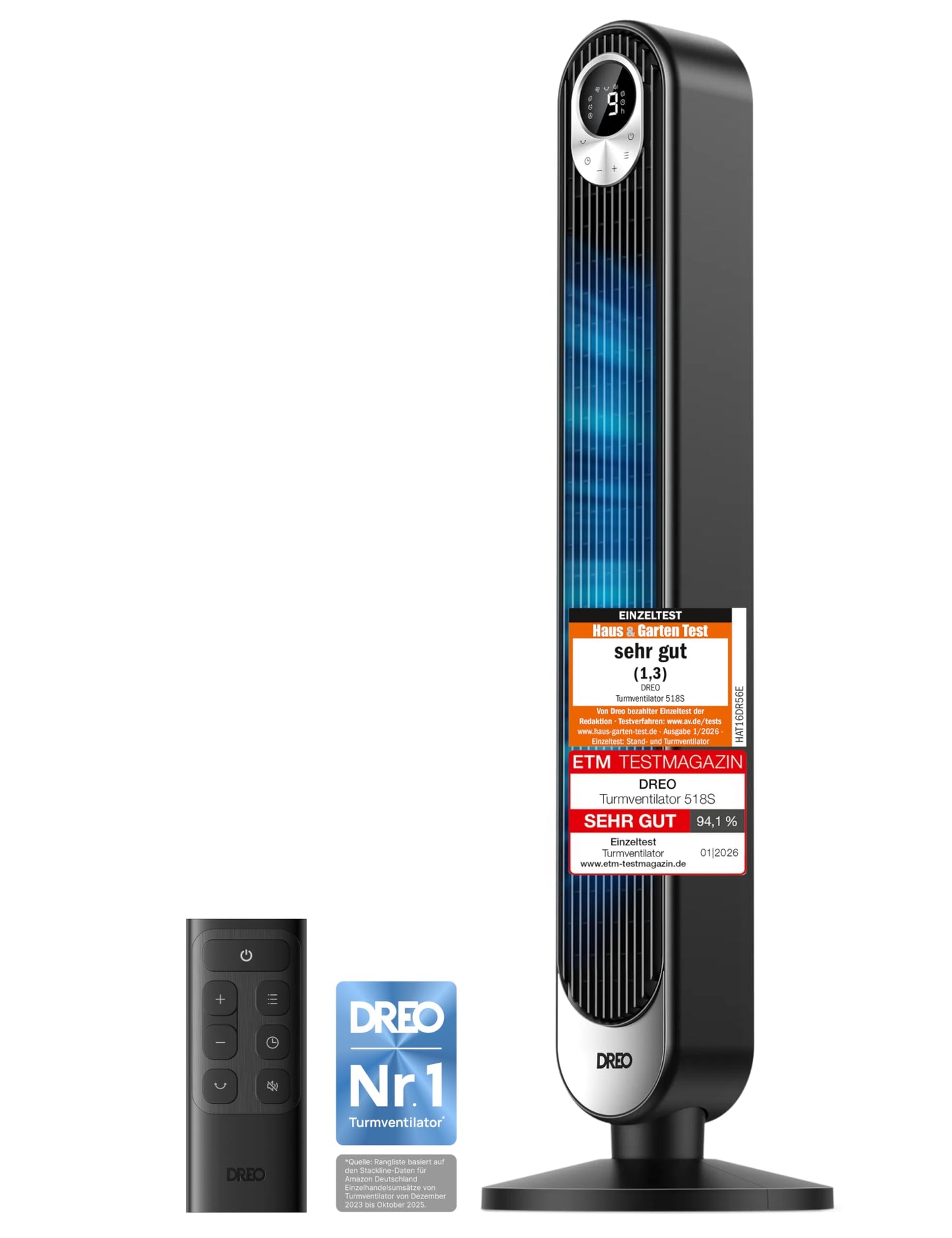 DREO DC Motor Tower Fan Quiet, 11M Wind Distance Fan with Cooling Remote Control, 9 Levels 4 Modes, 90° Oscillating Stand Fans for Bedroom, Tower Fan with 12H Timer - DR-HTF001