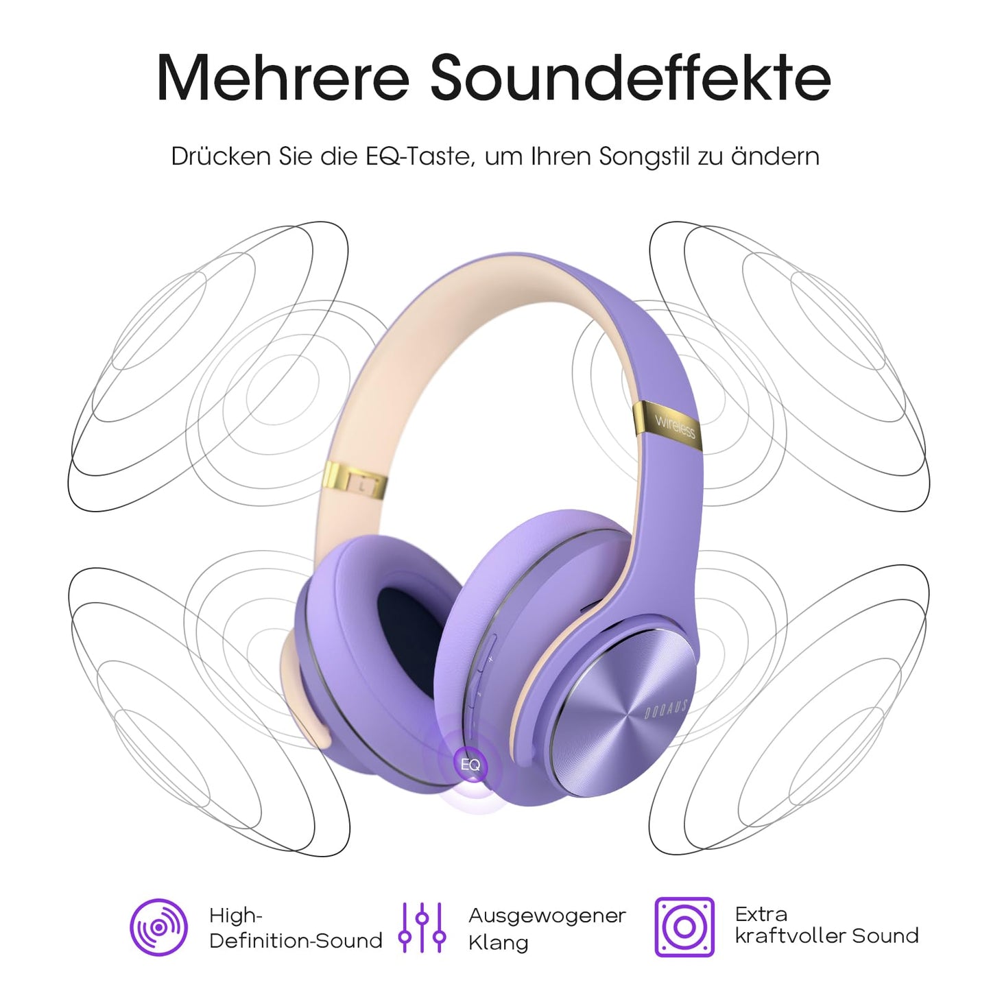 DOQAUS Bluetooth Headphones Over Ear, Up to 90 Hours Wireless Headphones with 3 EQ Modes, HiFi Stereo Foldable Headset with Microphone, Soft Ear Pads for Travel/Office/Cell Phone/PC-Purple - CARE