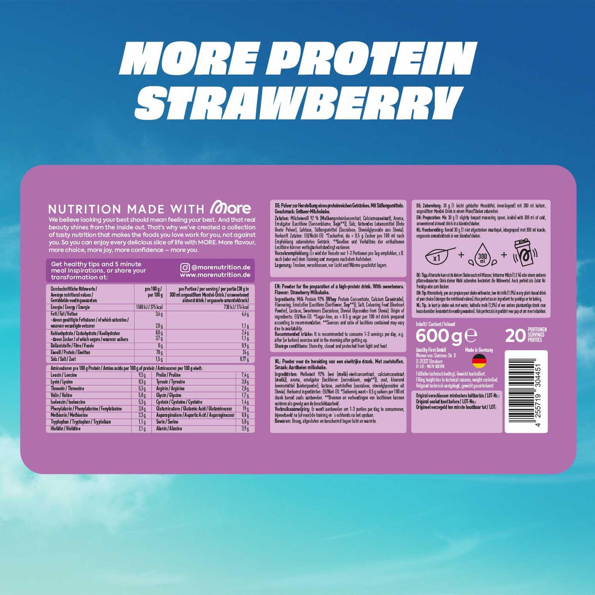 MORE Protein, Milkshake cu căpșuni, 600 g - XMO10757