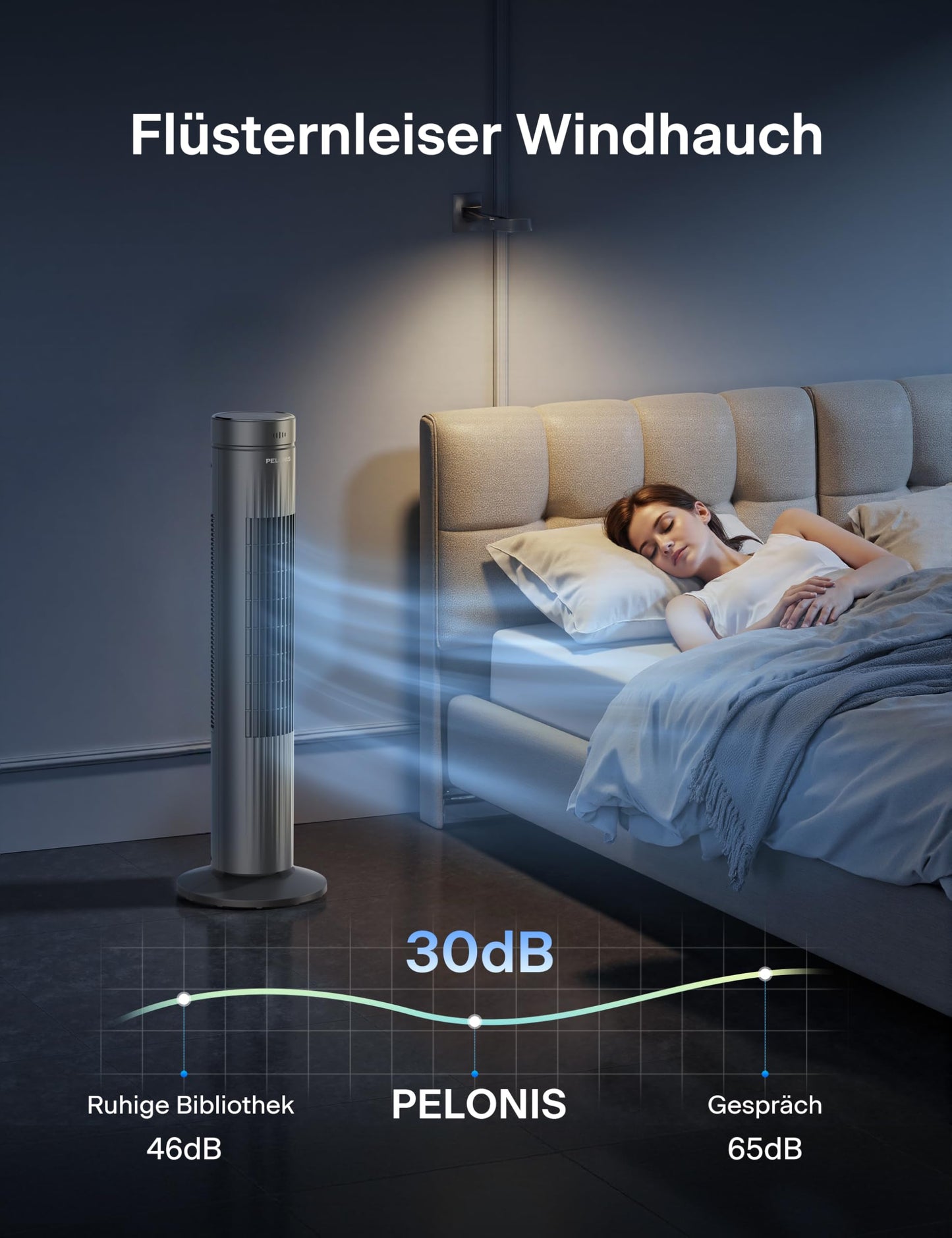 Pelonis Very Quiet Tower Fan, Fan with Remote Control Cooling, 3 Speeds, Tower Fan with 7 Hour Timer and 3 Modes, Fan for Bedroom - PE-FZ10-24KRP-DE
