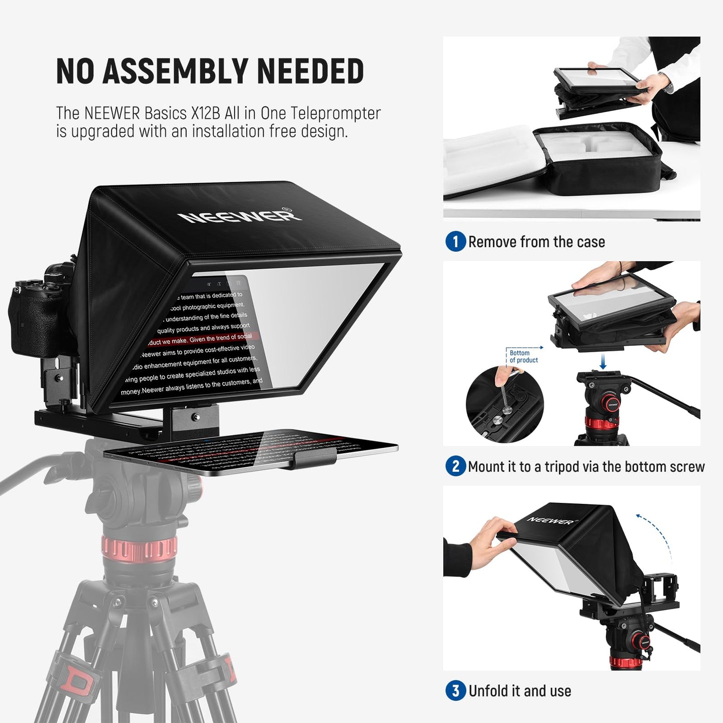 NEEWER BASICS X12B Aluminum Alloy Liftable Teleprompter 12" for iPad Tablet Phone DSLR Camera, Remote Control & App Control, Compatible with iOS Android, Pro for Online Teaching Live Streaming