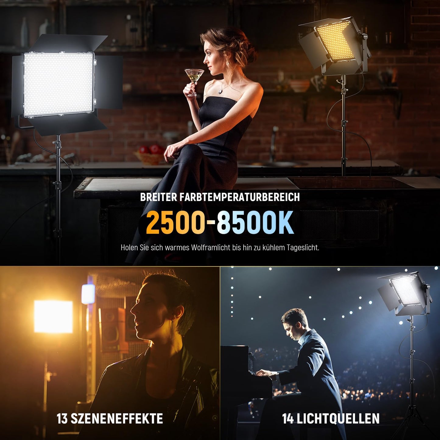 NEEWER 150W two-color LED panel video light set 1440 LEDs 49500 Lux at 0.5m 2500K - 8500K CRI96+/TLCI97+ 0 - 100% dimming function APP/2.4G/Panel/DMX control for professional studio photography AP150B - 10105660