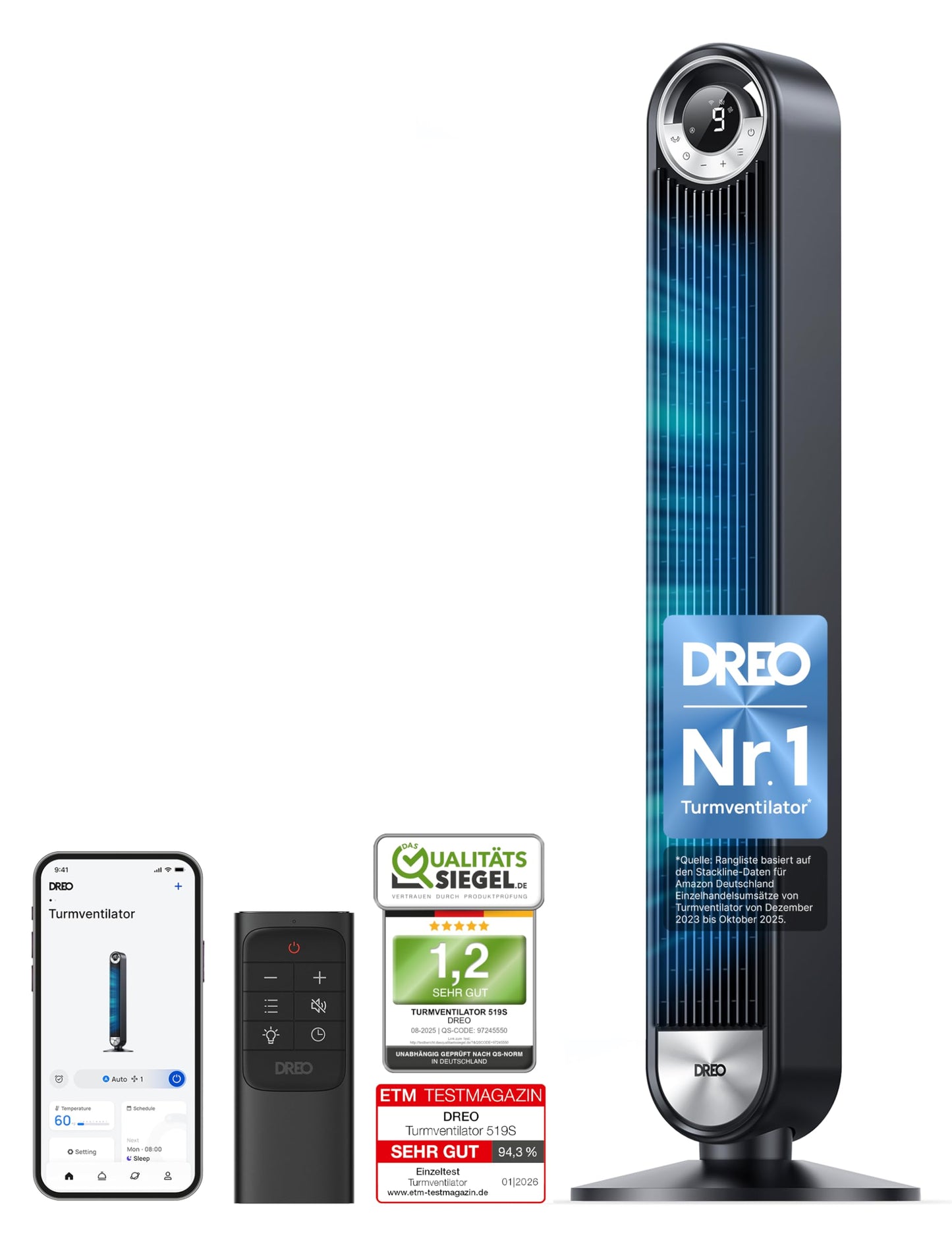 DREO 25 dB Quiet Smart Tower Fan, 106cm Height 4 Modes 9 Speed Max 7.9m/s 12H Timer 90° Oscillating Fan with Remote Control Voice Control Cooling, Cruiser Pro T2S, Black - DR-HTF009S