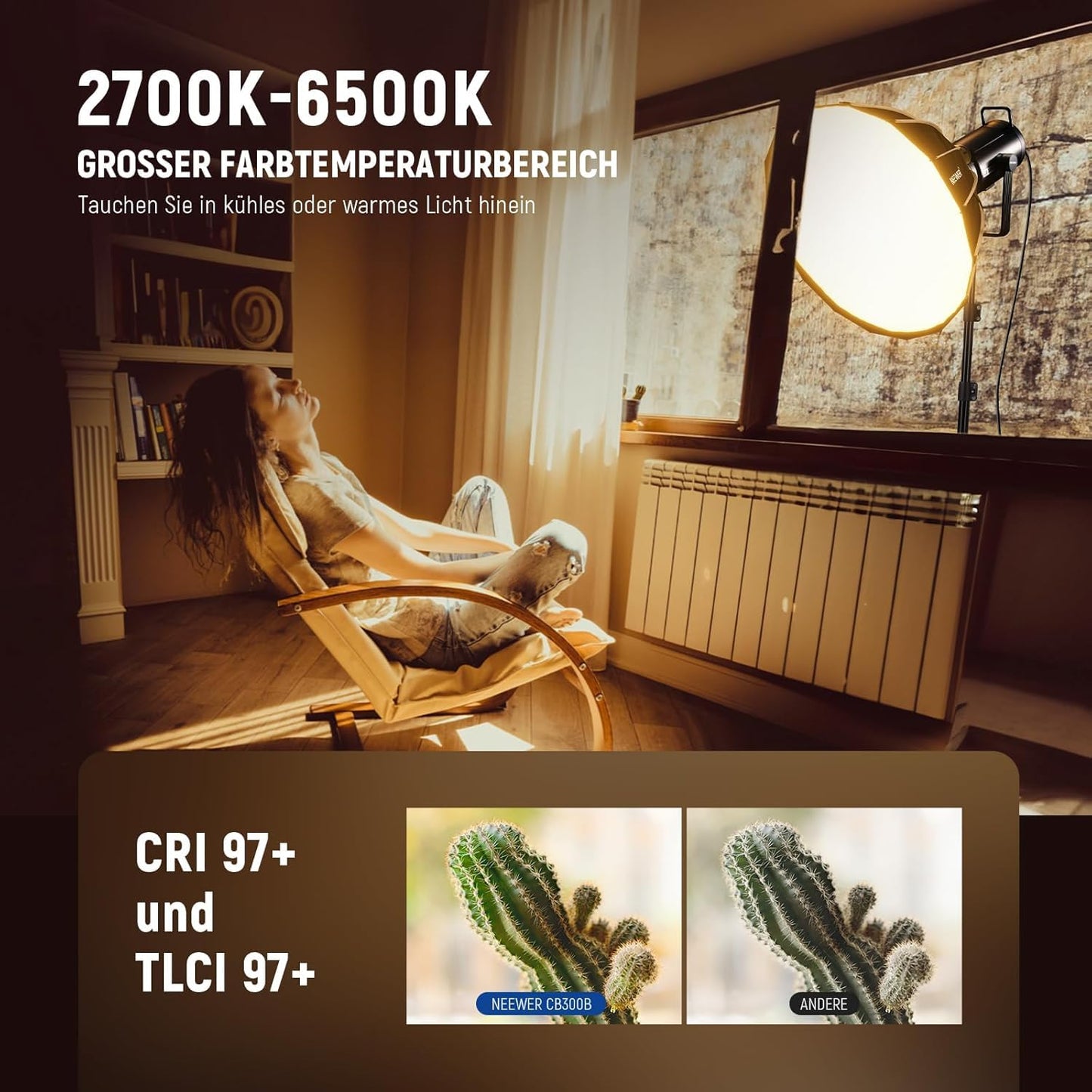 NEEWER CB300B 320W LED video light studio light with 2.4G/APP remote control, all-metal COB bi-color studio continuous light Bowens mount 150000lux/1m 2700K-6500K CRI/TLCI97+ 12 effects for portrait
