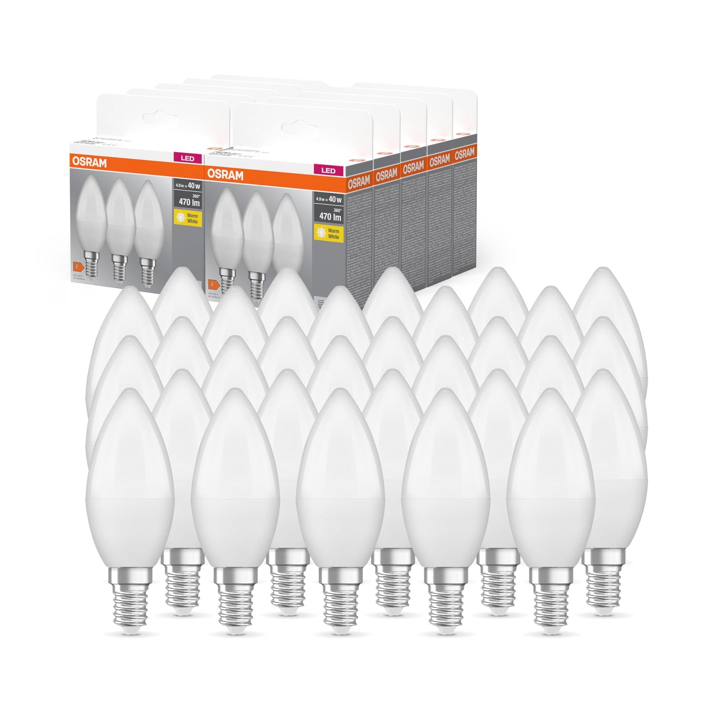 OSRAM BASE CLASSIC B 40 FR LED lamp with E14 base, mini candle shape, pack of 3, 4.9W, 470lm, 2700K, warm white light, lower heat generation, very energy saving, long service life, 30 pack - 4099854047107