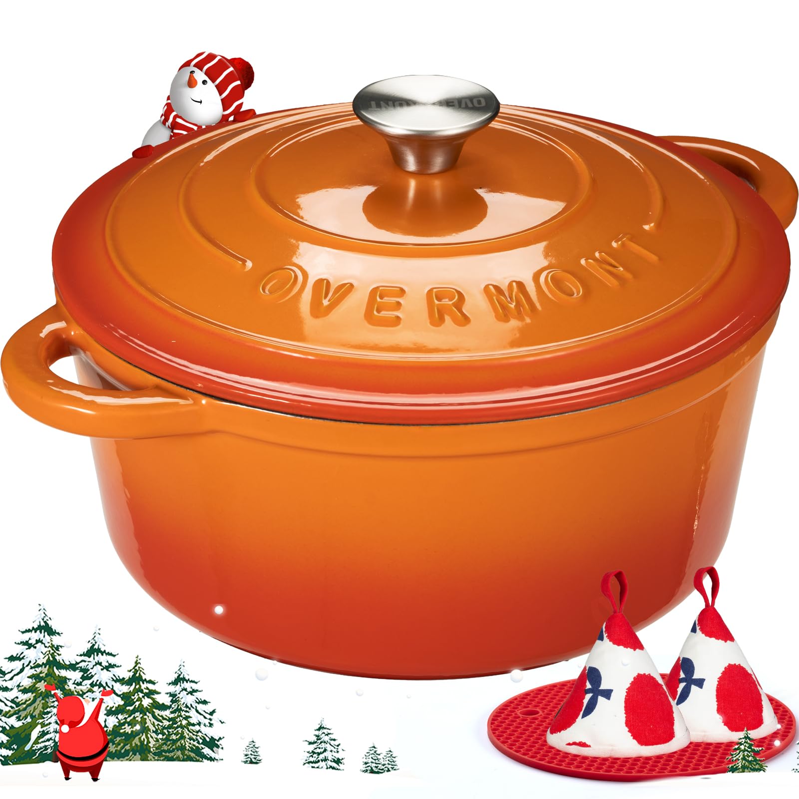 Overmont Cratită Oală din Fontă 26cm - Vas Emailat cu Capac Rezistent la Cuptor - cu Carte de Rețete - pentru Bucătărie Gătit Tocană Coacere Portocaliu - OM-Enamel