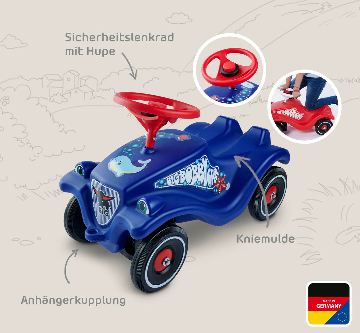BIG-Bobby-Car Classic Ocean - Children's vehicle with stickers in ocean design, suitable for boys and girls, load capacity up to 50 kg, ride-on toy for children from 1 year old, blue, Vlau - 800056130