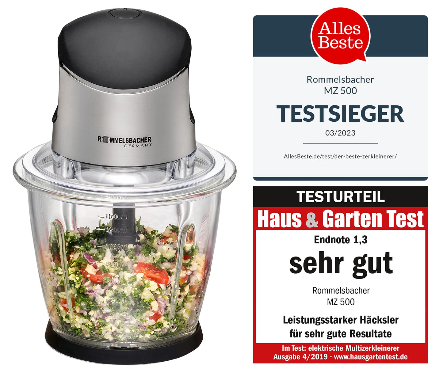 ROMMELSBACHER Multi Chopper MZ 500 - powerful motor, 4-blade special blade made of stainless steel, 1.5 liter glass container, black/brushed chrome, 500 watts