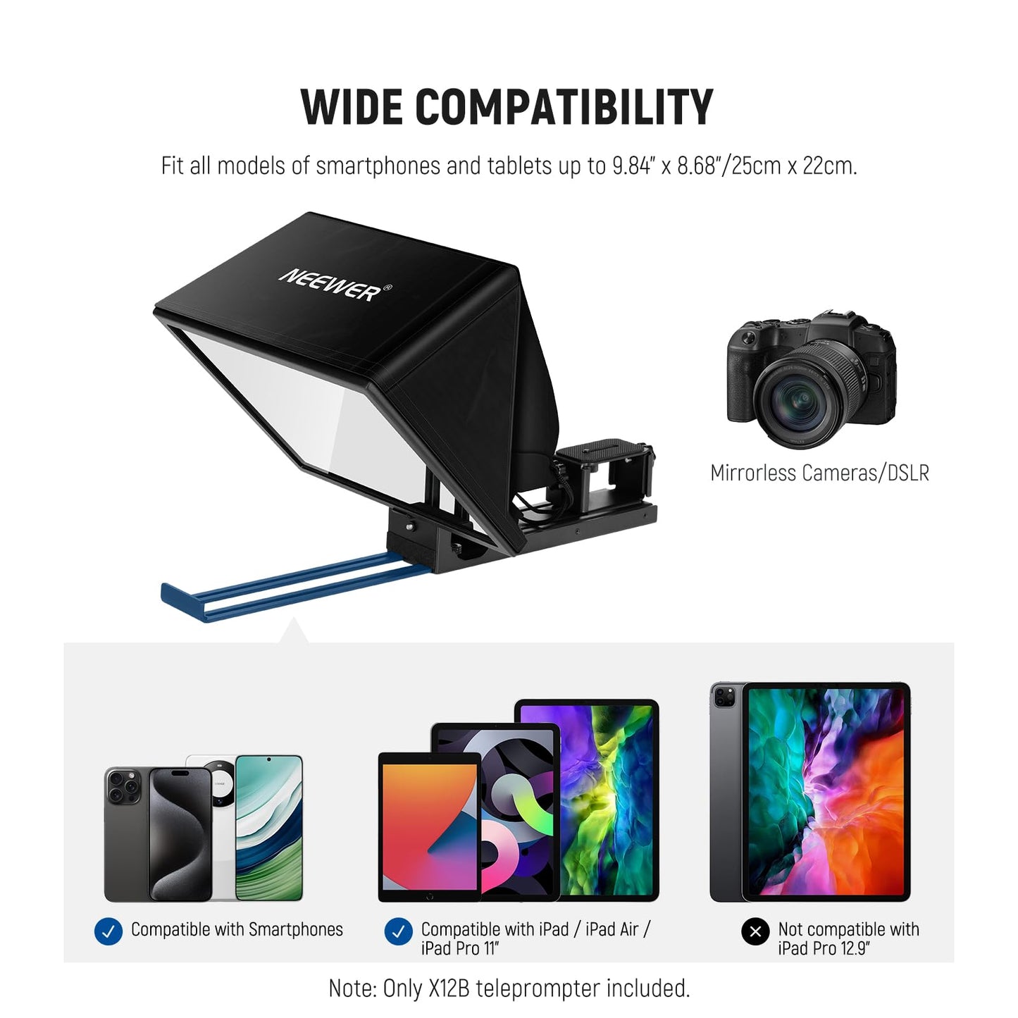 NEEWER BASICS X12B Aluminum Alloy Liftable Teleprompter 12" for iPad Tablet Phone DSLR Camera, Remote Control & App Control, Compatible with iOS Android, Pro for Online Teaching Live Streaming