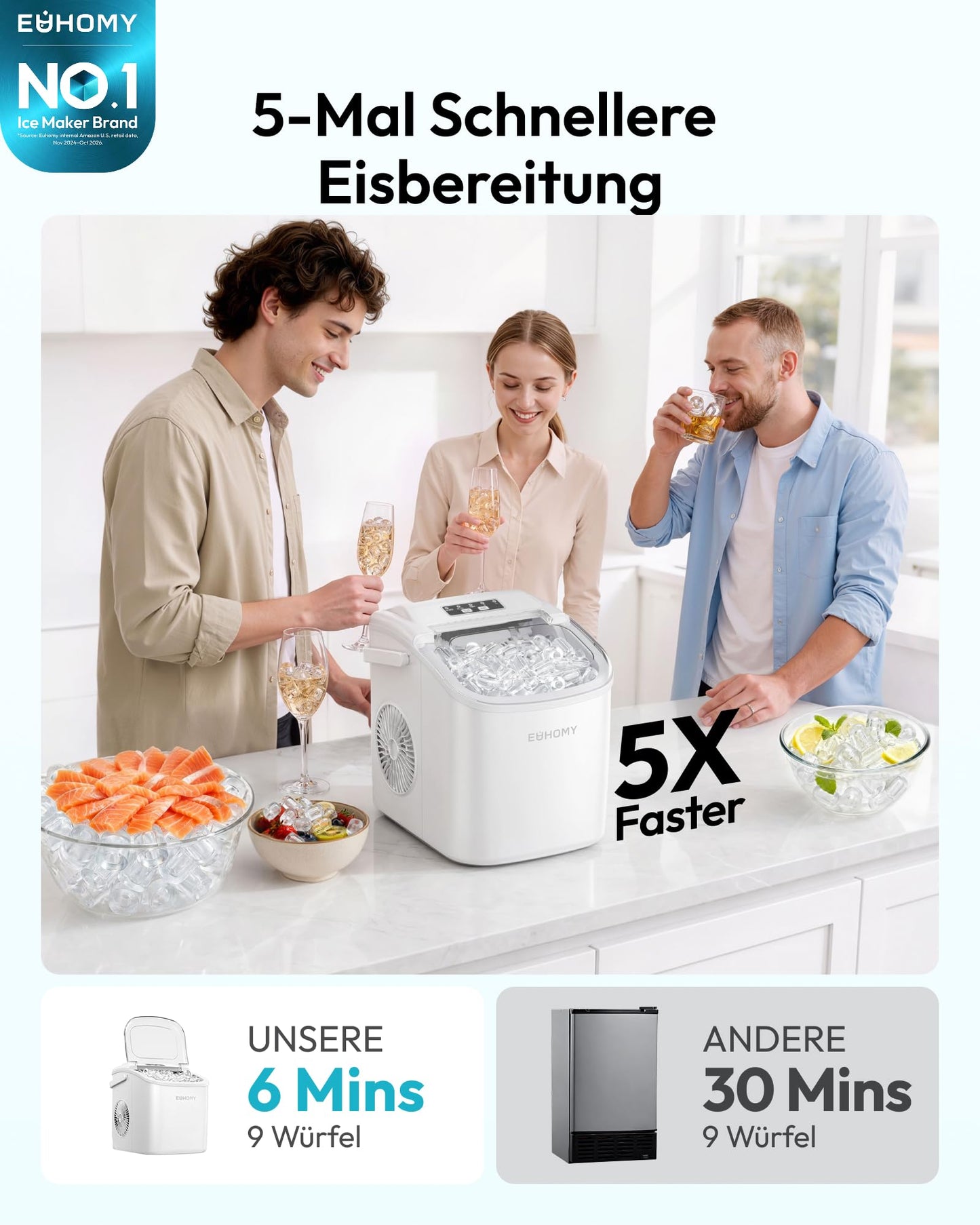 EUHOMY Ice cube machine, small ice cube machine, 9 ice cubes in 6 minutes, self-cleaning ice cube machine, with carrying handle and ice basket, 12 kg/day, suitable for kitchen, home, camping, RV, white - B0DG8Q7R6B