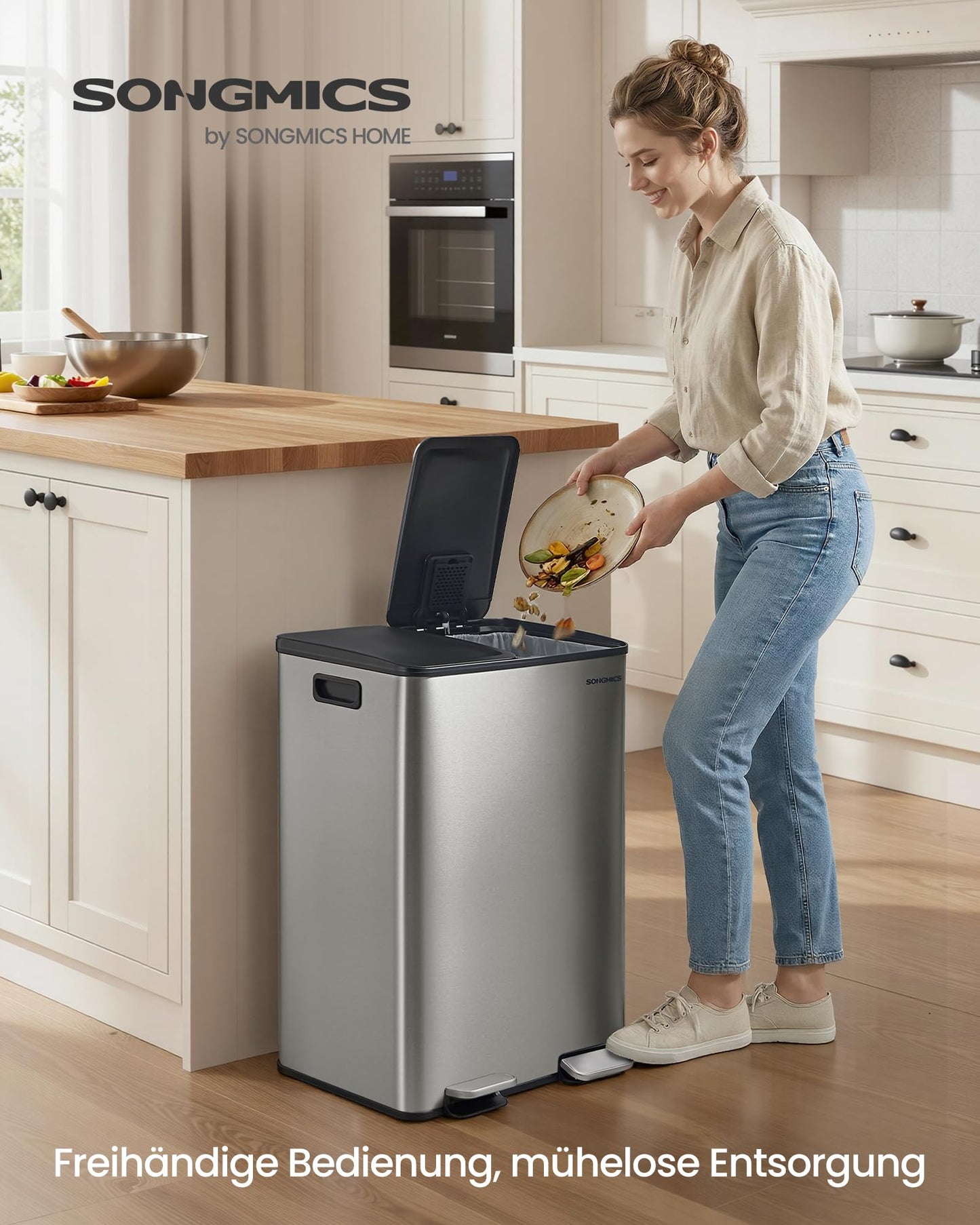SONGMICS kitchen trash can, 2 x 30 liters, 2 compartments, trash can, pedal trash can, kitchen trash can with soft close lid and inner bucket, stainless steel, including 15 trash bags, silver LTB741EZ01