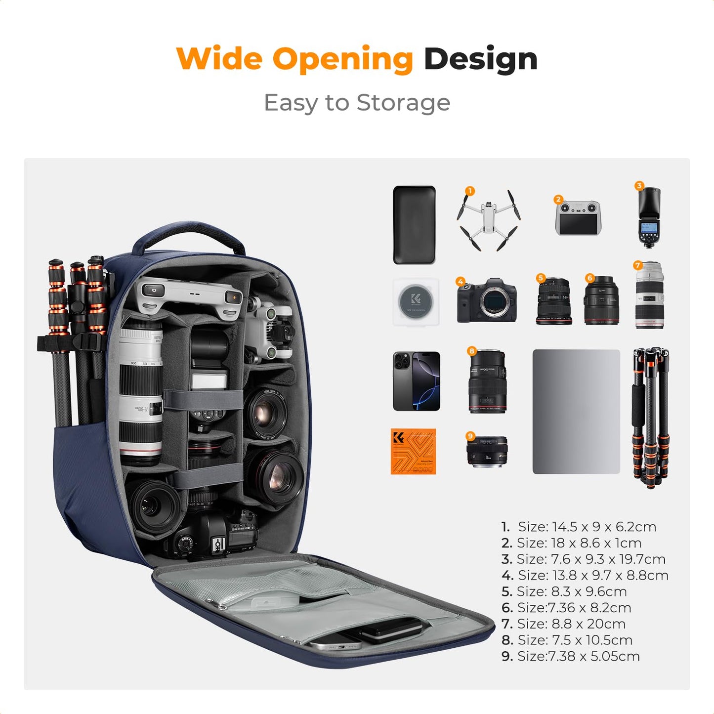 K&F CONCEPT camera backpack photo backpack with hard shell camera bag with 15.6 inch laptop compartment and rain cover, backpack for drones, deep blue - KF13.134V7