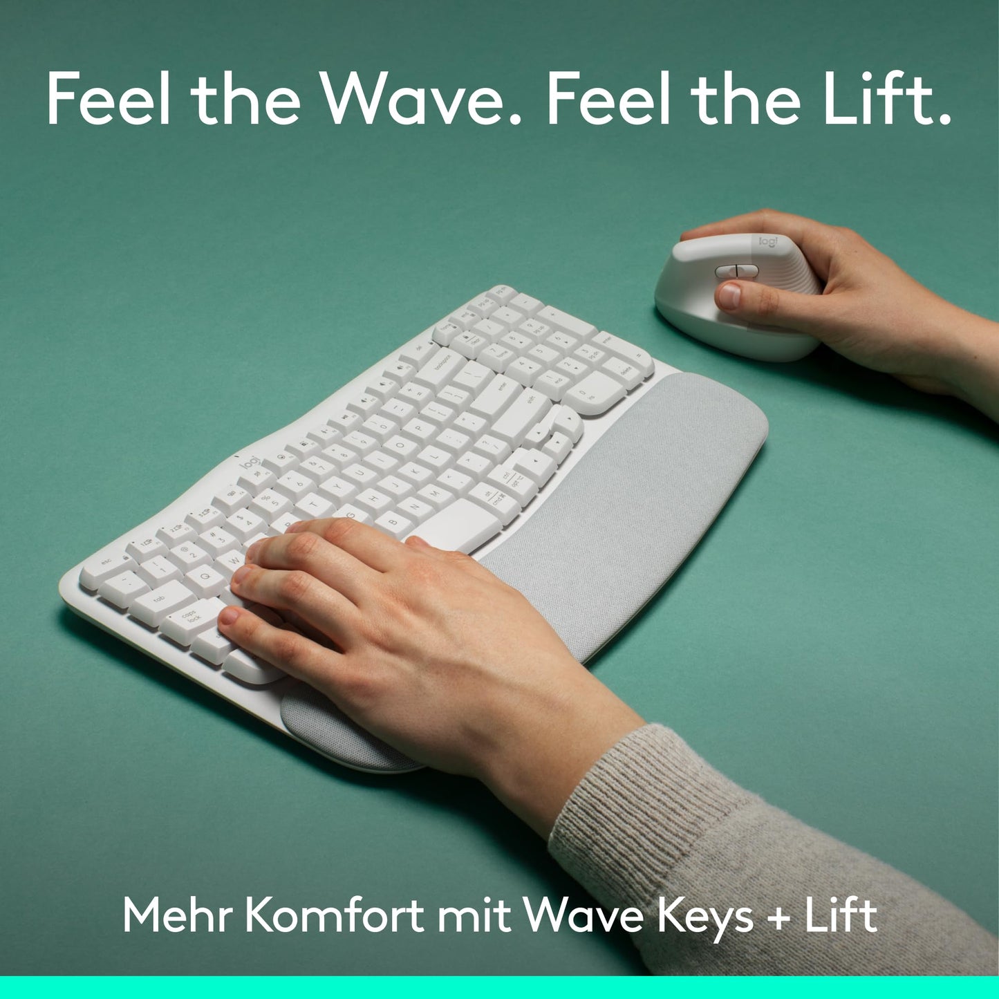 Logitech Wave Keys and Lift Vertical Mouse - Ergonomic Bundle - Wireless Keyboard with Padded Wrist Rest and Vertical Wireless Mouse - Bluetooth, Multi-OS, Windows/Mac - White - 910-006473