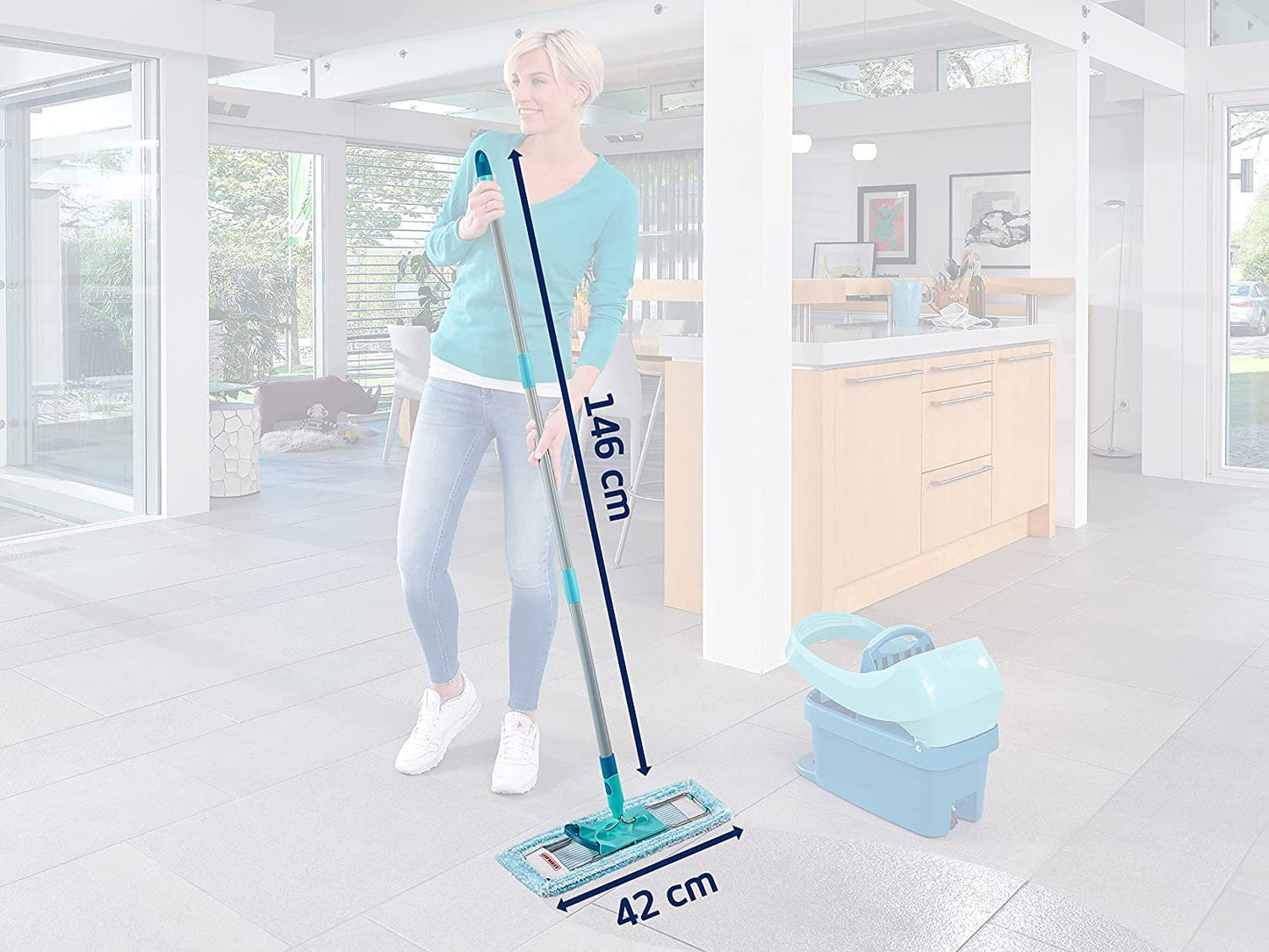 Leifheit back-friendly floor mop Profi XL super Soft, steel handle 146 cm, mop with foot click, mop cover for parquet and cork, 360° swivel joint, click system, environmentally friendly cardboard - 55457