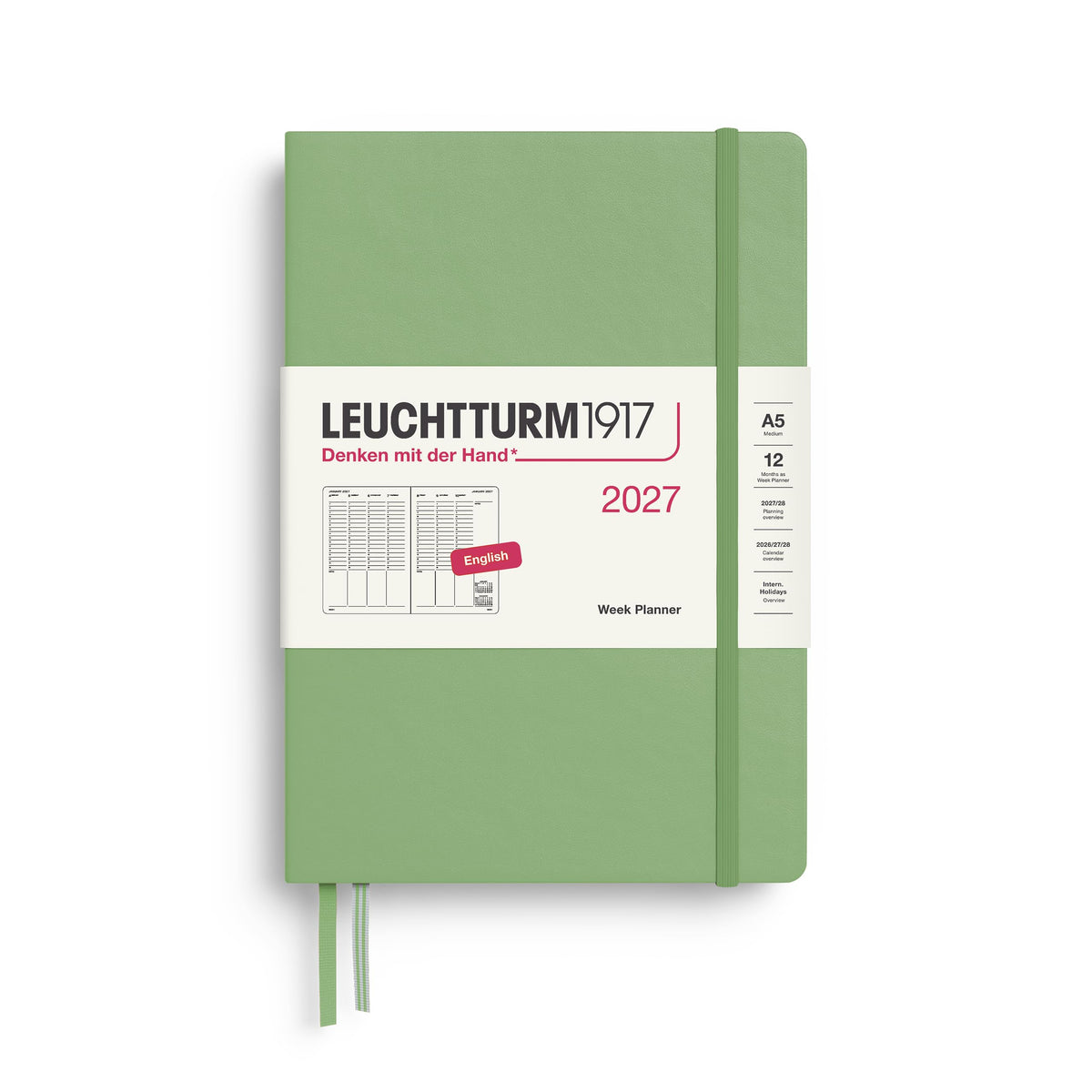 LEUCHTTURM1917 planificator săptămânal 2027 mediu (A5) - engleză, salvie, 210 x 145 mm, ianuarie-decembrie (12 luni), prezentare generală săptămânală cu grilă orară 7:00-22:00 per coloană, copertă cartonată, hârtie de 80 g/m² - 400316