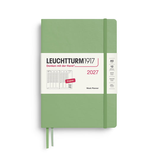 LEUCHTTURM1917 planificator săptămânal 2027 mediu (A5) - engleză, salvie, 210 x 145 mm, ianuarie-decembrie (12 luni), prezentare generală săptămânală cu grilă orară 7:00-22:00 per coloană, copertă cartonată, hârtie de 80 g/m² - 400316