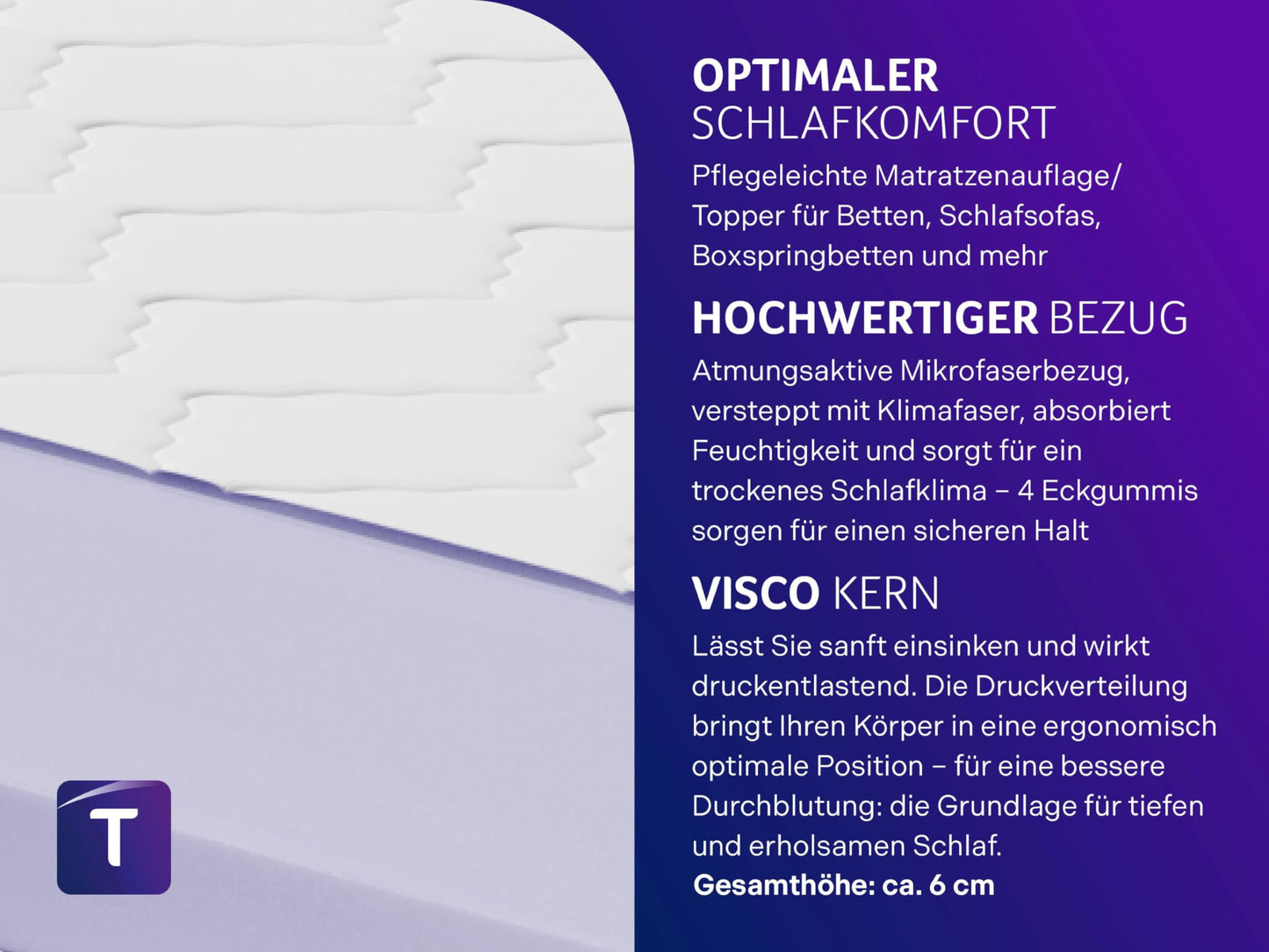 Dream night viscoelastic mattress topper 140x200 cm | Memory foam for optimal body adaptation | Pressure-relieving & ergonomic | Oeko-Tex Standard 100 certified | German quality standard - 3897204143