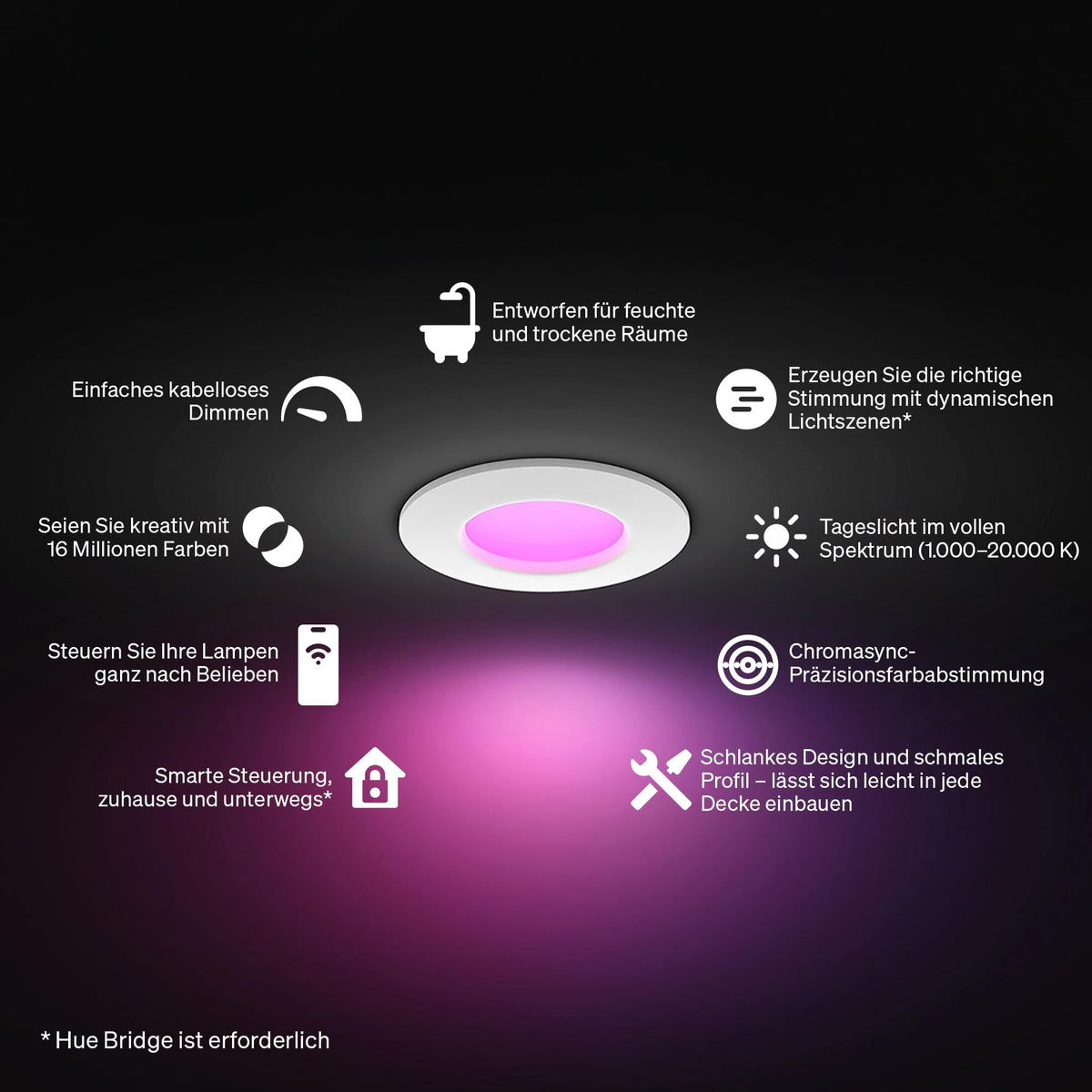 Philips Hue Slim Downlight, spot încastrat cu LED, 1.000 lm, 90 mm, design subțire, lumină de zi cu spectru complet 1.000–20.000 K, dimabil continuu, culoare precisă, iluminat inteligent, alb, pachet de 3. - 929004291002