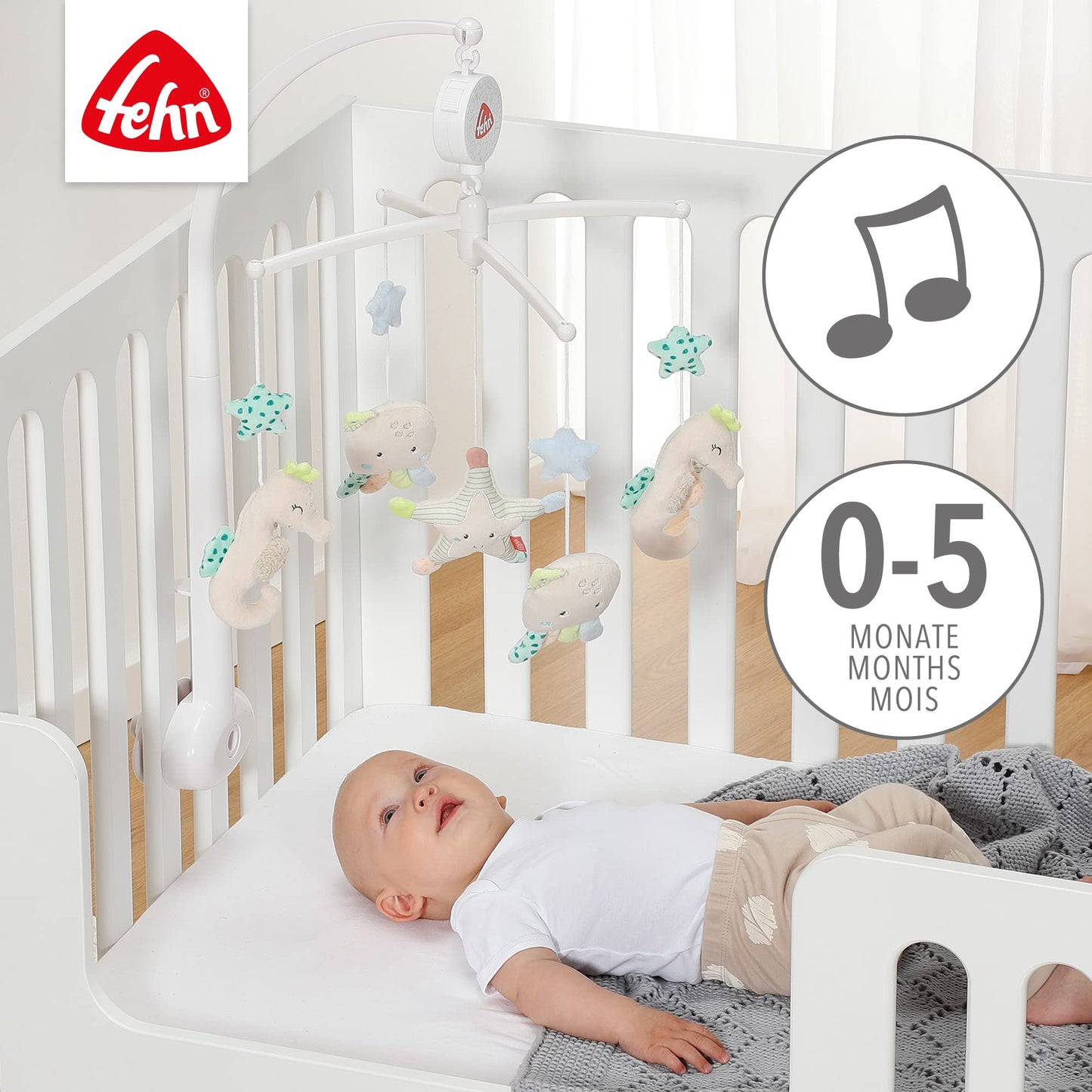 Fehn Music Mobile Sea Children - Baby Sleep Aid Music Toy - Music Box Melody "Sleep Child Sleep" - Music Mobile Baby Bed Accessories Toy for Babies and Newborns from 0-5 Months - 00054118