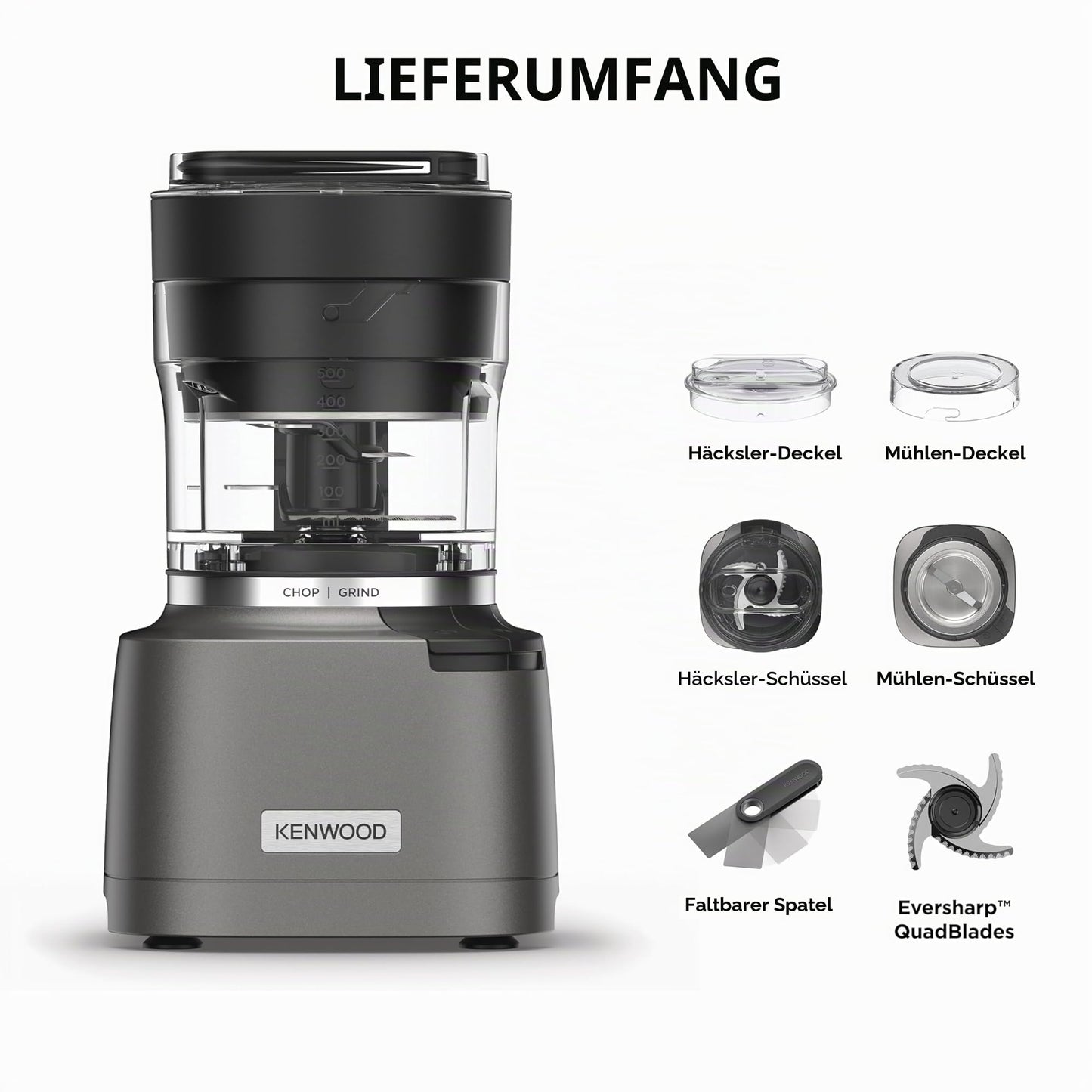 Kenwood Duo Prep 2-in-1 CHP80.000SI Multi Chopper & Grinder, Quadblade Blades, High Speed Grinder, Compact, Pulse Function, Non-Slip, 500ml Container, Dishwasher Safe, 800W, Silver