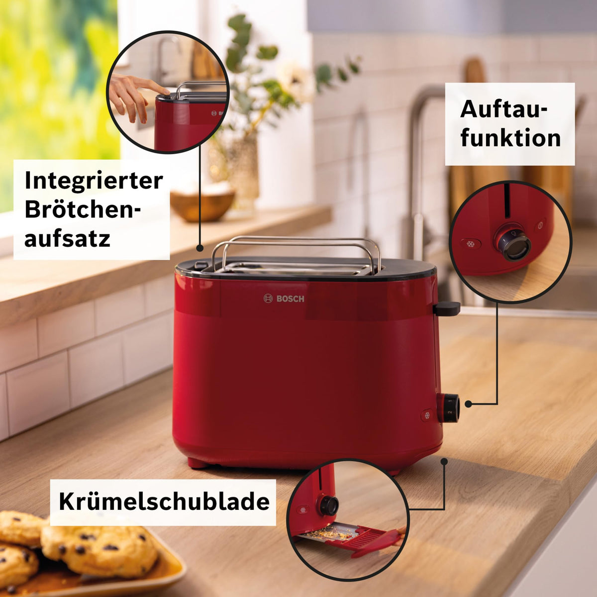 Bosch Compact Toaster MyMoment TAT2M124, integrated bun warmer, with defrost function, automatic shut-off, lift function, bread centering, perfect for 2 slices, 800 Watts, Matte Red