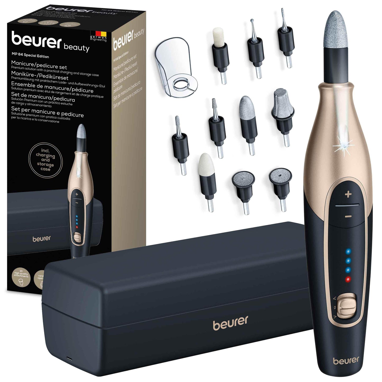 Beurer MP 84 Special Edition manicure/pedicure set, electric nail file with battery, 10 attachments, LED light, including storage case, up to 4400 rpm, nail cutter for hand and foot care, black - 10213