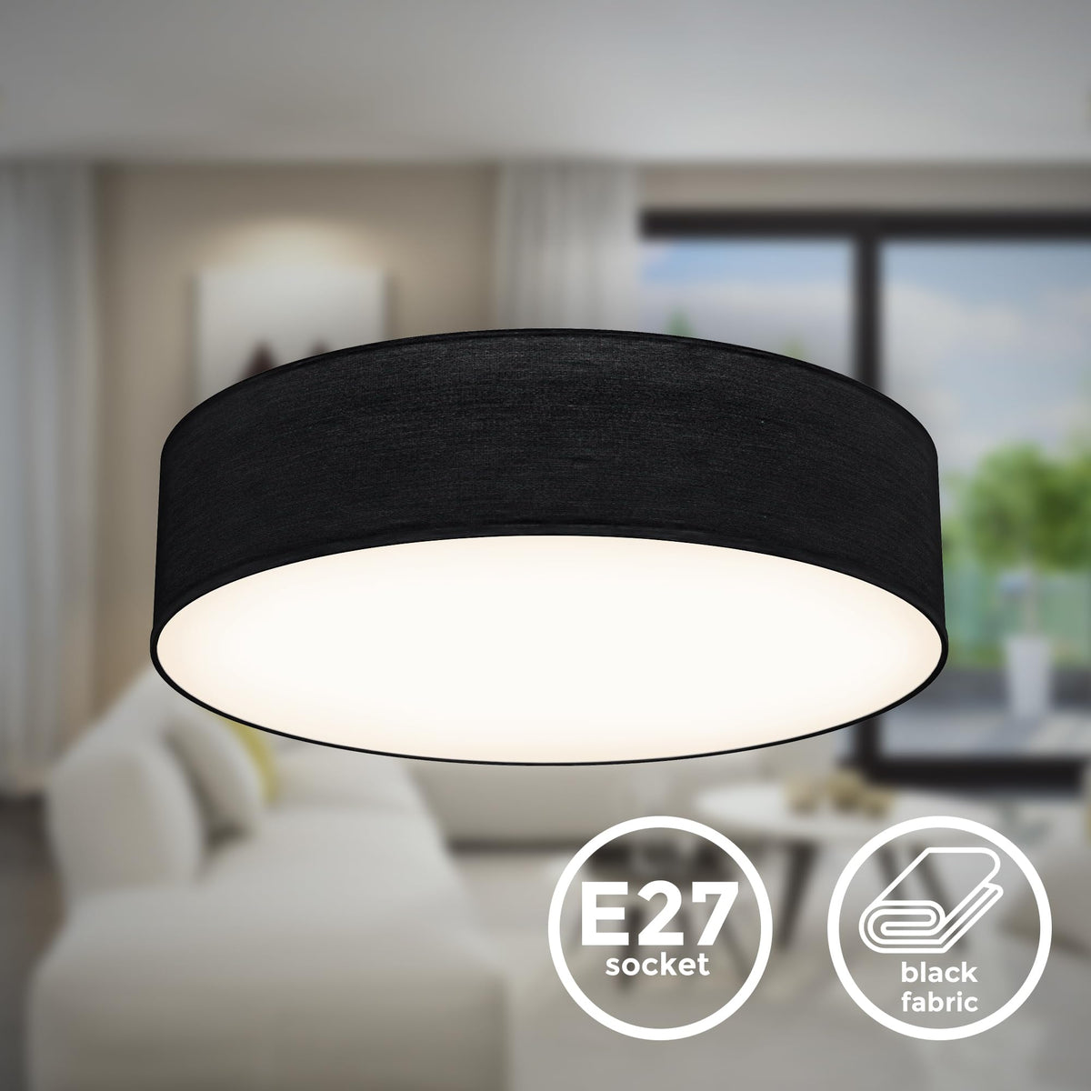 B.K.Licht - Ceiling lamp with fabric shade, E27 socket, max. 40 watts, ceiling light, lamp, living room lamp, bedroom lamp, kitchen lamp, ceiling lighting, 38x10 cm, black - BKL1220