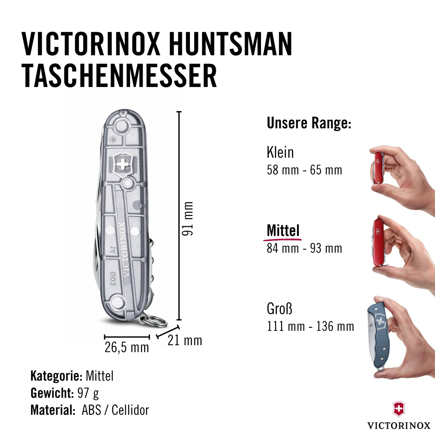 Victorinox Swiss pocket knife Huntsman, multitool, Swiss Army knife with 15 functions, blade, corkscrew, can opener, folding box, silver transparent - 1.3713.T7