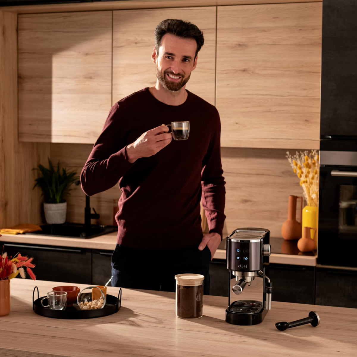 Krups Virtuoso+ Espresso Machine, 15 bar pump pressure, 3 crema filters, stainless steel steam nozzle, intuitive control panel, rotary knob, including dosing spoon and tamper, Black/Stainless Steel, XP444G