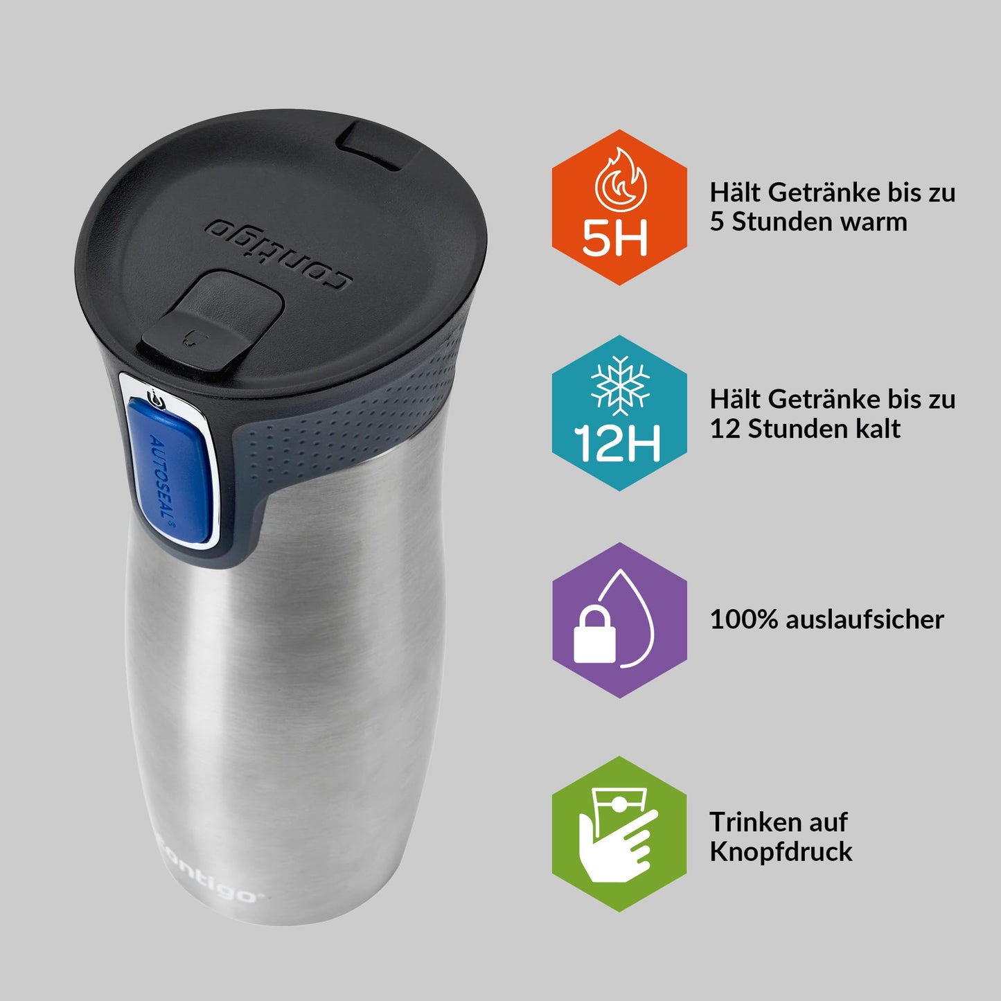 Contigo thermo mug West Loop Autoseal, stainless steel insulated mug, travel mug, coffee mug to go, leak-proof, 100% leak-proof, keeps hot for up to 5 hours/cold for 12 hours, 470 ml, BPA free, stainless steel - 2095832