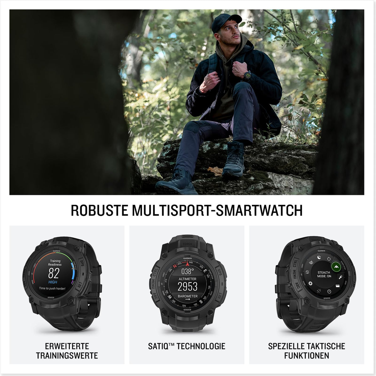 Garmin Instinct 3 Tactical 50mm AMOLED – Ceas inteligent GPS pentru multisport, display AMOLED de 1,3", autonomie a bateriei de până la 24 de zile, peste 80 de aplicații sportive, funcții tactice, recepție multi-satelit, lanternă LED - 010-03020-50