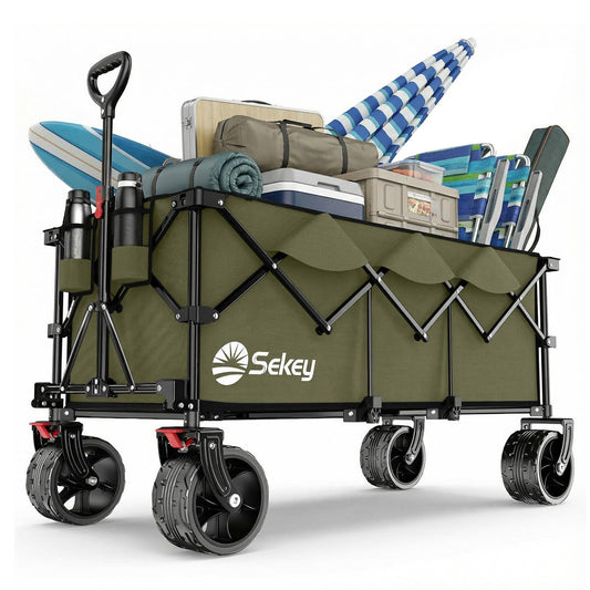 Sekey XXXL Handcart Foldable 300L 200KG Heavy Duty, Extended Folding Handcart with Extra Width 17x10 cm All-Terrain Wheels Handcart, Patented 4-Way Instant Assembly Transport Cart, Olive Green - 4013