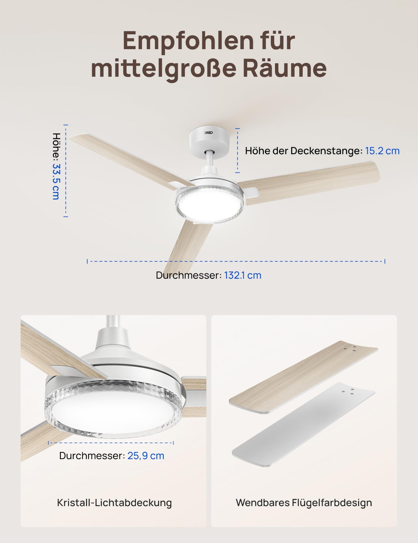 DREO Smart Ceiling Fan with Light, 52" 12 Speeds & 3 Modes, Continuous Color Temperature, Dimmable LED, 1-12 Hour Timer, Quiet DC Motor, App & Alexa Control, Wall Switch, White - DR-HCF004S