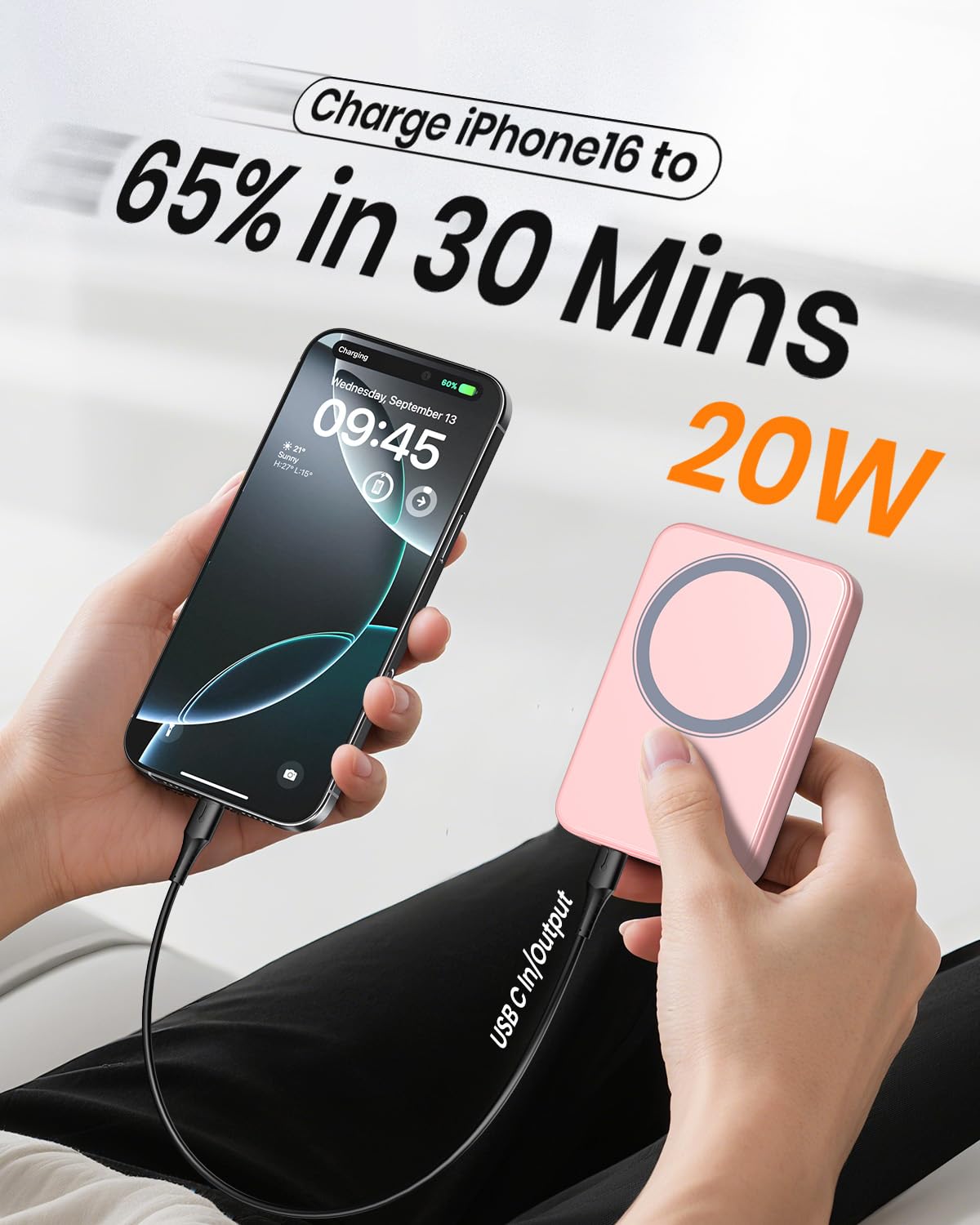 A ADDTOP Magnetic Power Bank 10000mAh- 20W Schnelllade iPhone Ladegerät for Magnetisch, UltraSlim Wireless Portable Charger with USB-C In&Out, LED Display Akku-Pack für iPhone 17/16/15/14/13/12 Rosa - C19PW