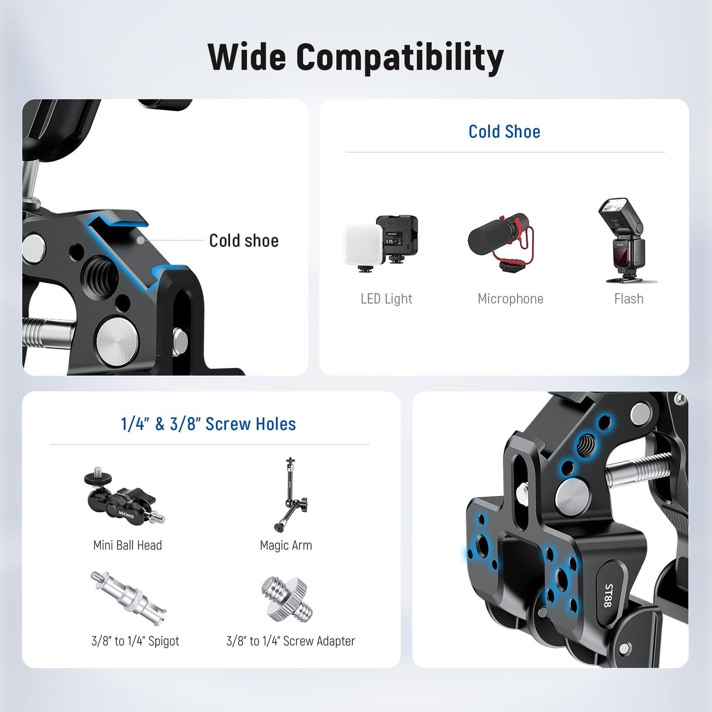 NEEWER Super Clamp with 3" Dual Ball Head Magic Arm, Camera Mobile Phone Holder with 1/4" 3/8" Thread Cold Shoe Mobile Phone Holder, Action Camera Adapter Compatible with GoPro DJI iPhone 16 15 Pro Max ST88 - 10105338