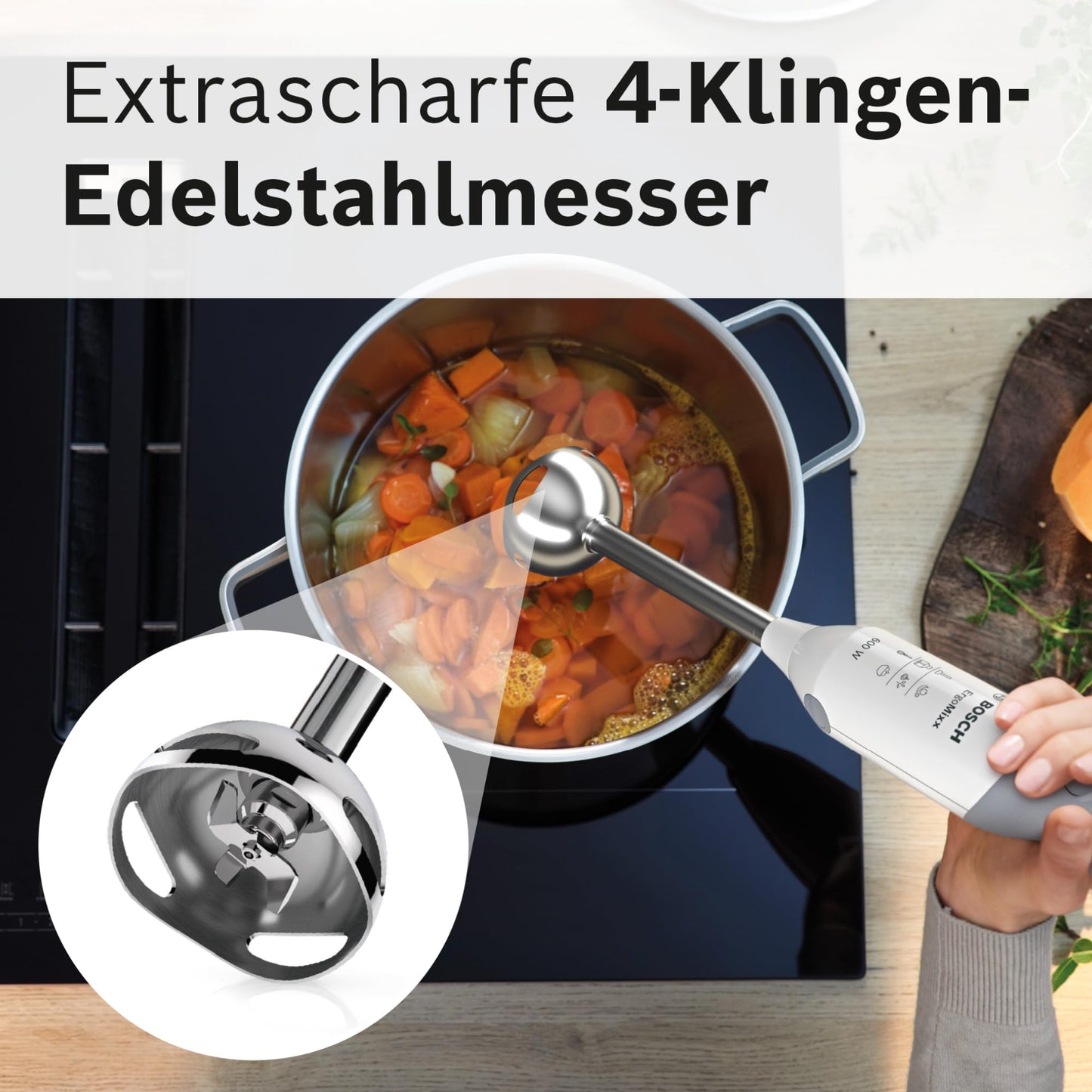 Bosch hand blender ErgoMixx, stainless steel mixing foot, mixing and measuring cup, 4-blade knife, chopper, ergonomic design, 12 levels plus turbo, 600 W, white/gray, MSM66120