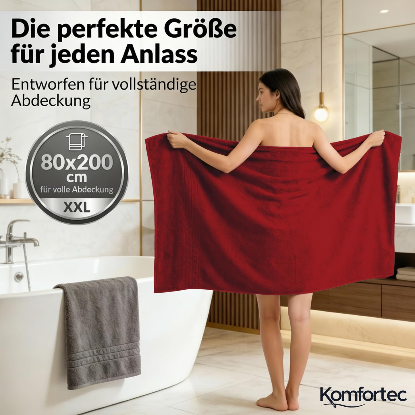 Komfortec 2 sauna towel set 80x200 cm, large sauna towels made of 100% cotton, sauna towels, fluffy and absorbent, quick-drying, anthracite gray/aurora red - 2er-80x200-anhtrazit-aurorarot