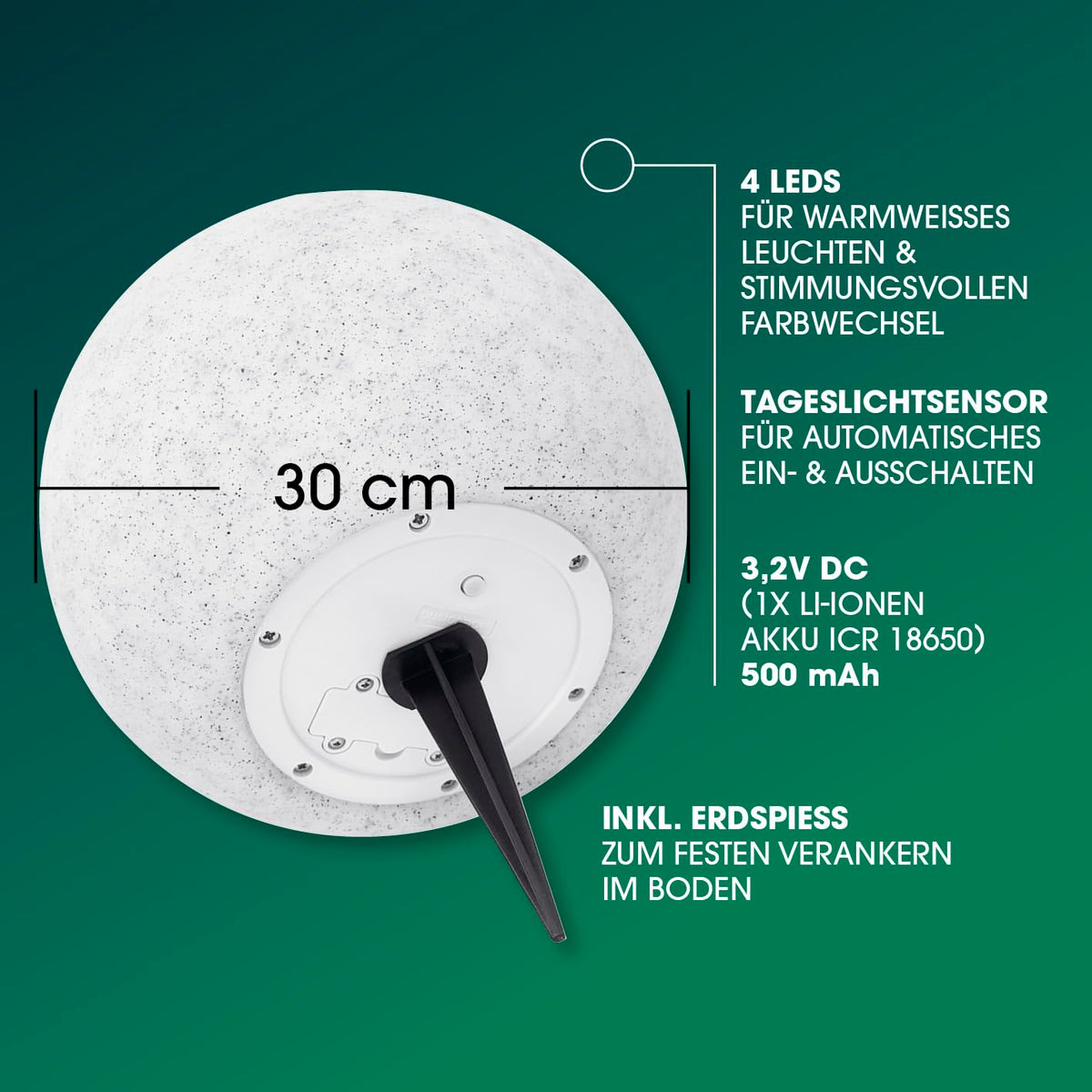 EASYmaxx Lampa solară cu schimbare de culoare | Lampa solară LED cu aspect de piatră | Bilă solară rezistentă la intemperii | Bilă solară cu telecomandă | Lumină solară cu țăruș de pământ | Aspect de piatră gri alb - 19677