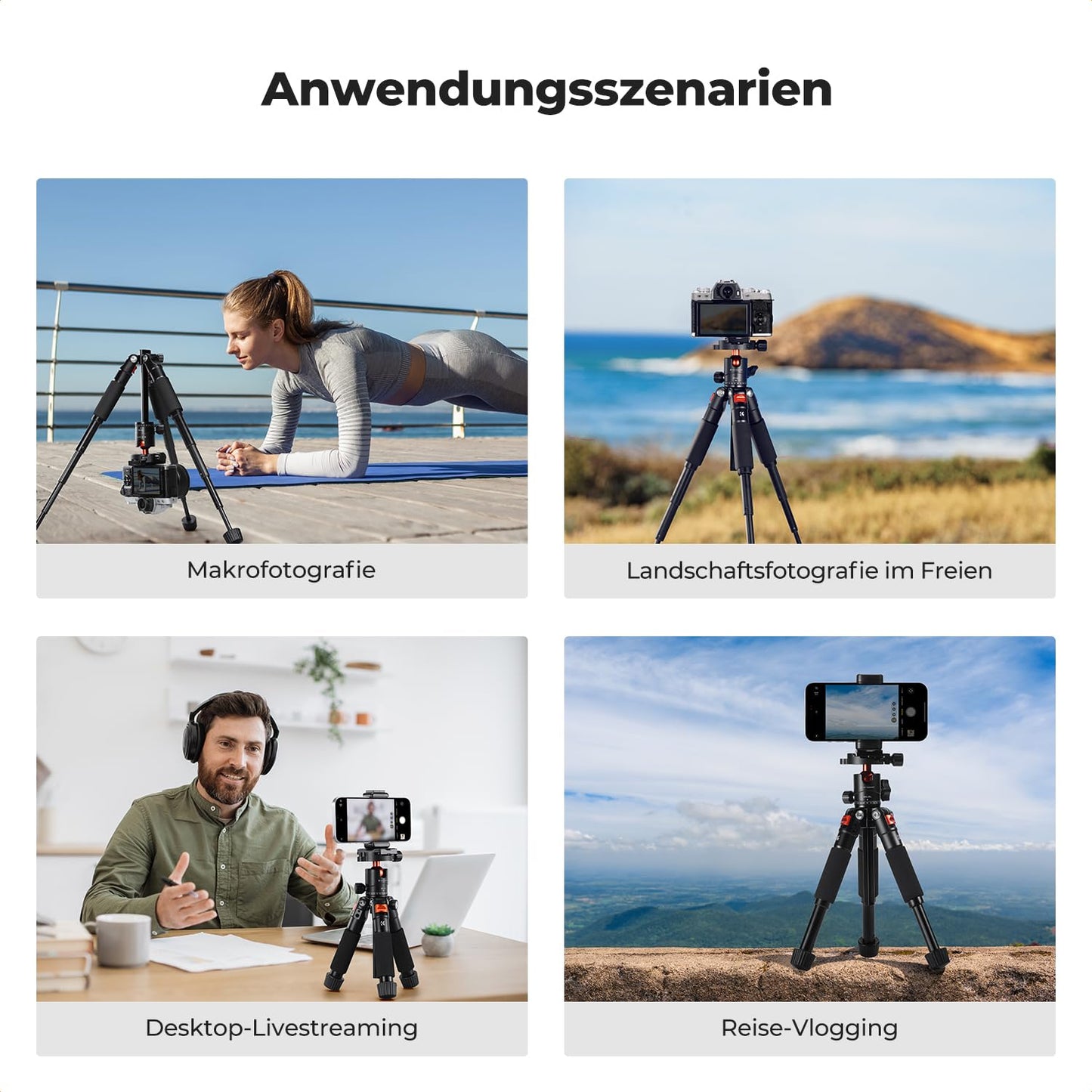 K&F CONCEPT Black-Orange Mini Tripod, 55cm Aluminum Camera Tripod with 360° Ball Head, Foldable Design for Easy Storage and Travel-Friendly, 1/4" Plate for DSLR/Smartphone, Max. Load 6kg - S225A0+BH-25L