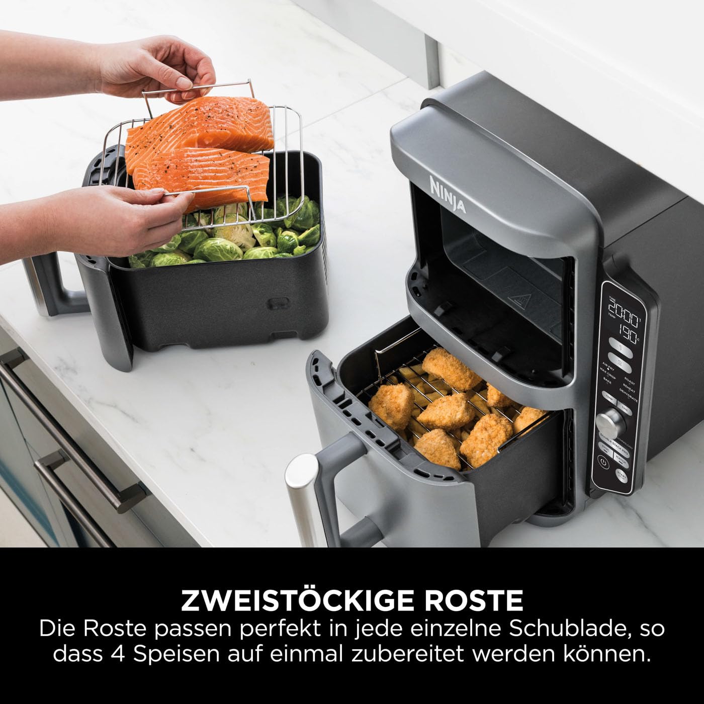 Ninja Double Stack XL Air Fryer Hot Air Fryer, 9.5L Airfryer, Double Basket Hot Air Fryer with 4 Cooking Levels, 2 Baskets, 2 Racks, Space Saving Design, 6 Cooking Functions, 8 Servings, Gray SL400EU