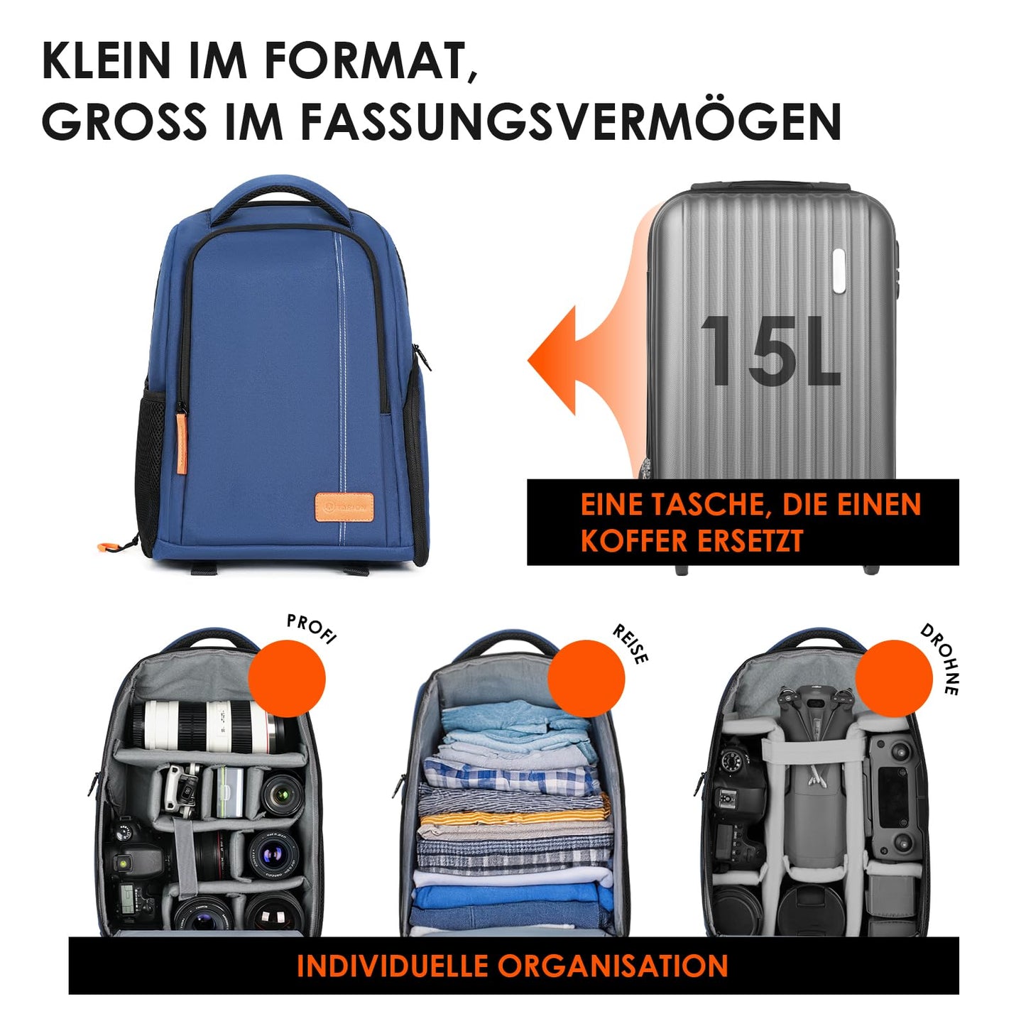 TARION Camera Backpack Lightweight Camera Backpack with 15 Inch Laptop Compartment Blue - TB-02-BU-EU