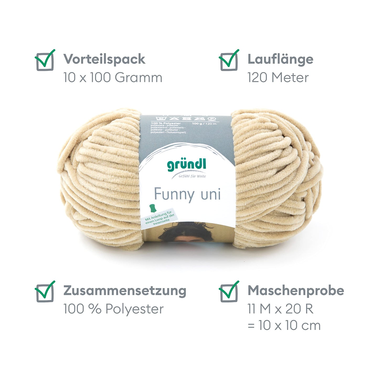 Gründl Wolle Funny uni - soft chenille wool for crocheting - cuddly and skin-friendly - 100% polyester - 10 balls 100 g / 120 m - needle size 5-6, beige - 3442-19