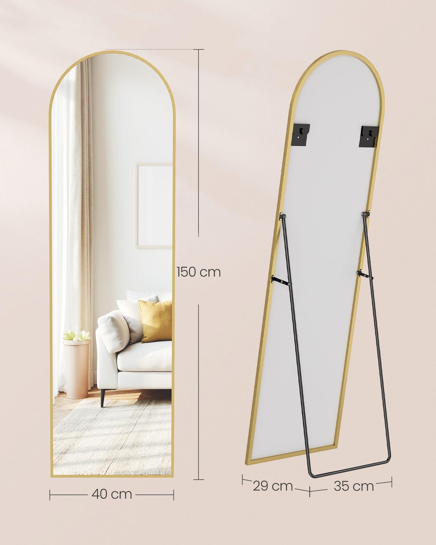 SONGMICS Full Length Mirror 150x40cm Curved Standing Mirror Aluminum Alloy Frame Tempered Glass for Bedroom Living Room Cloakroom Pale Gold LFM035AB01