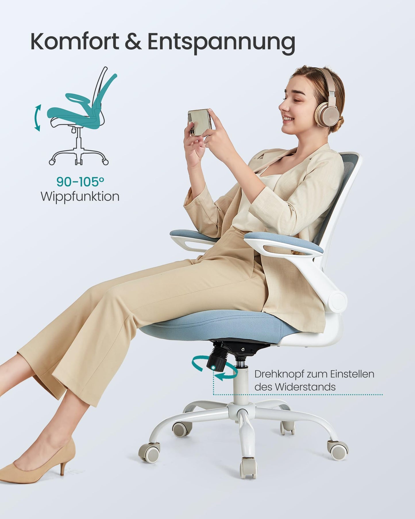 SONGMICS ergonomic office chair, swivel chair with mesh, lumbar support, rocker function, 53 cm seat, folding armrests, study and bedroom, students, fog blue OBN037Q01