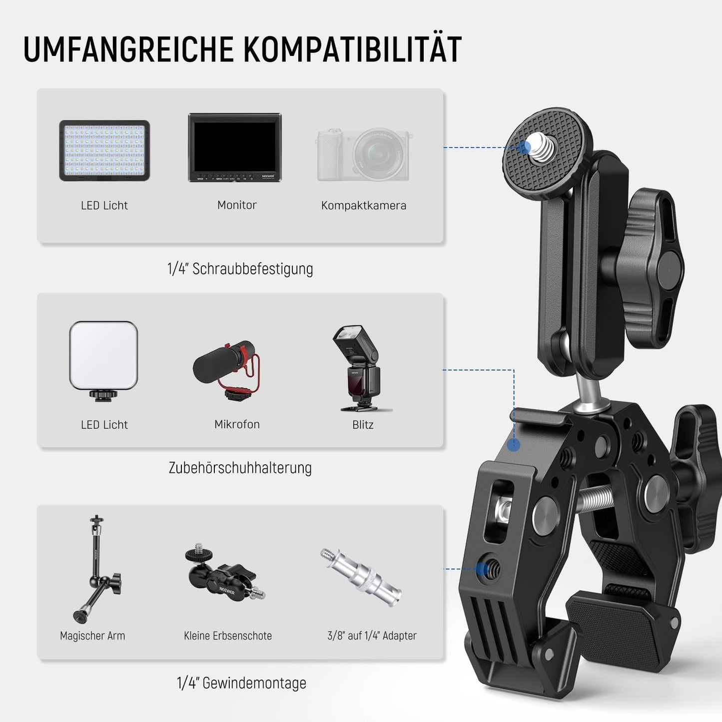 NEEWER Super Clamp Clamp with 3" Dual Ball Head Magic Arm, Cold Shoe, 1/4" Thread, Mobile Phone/Action Cam Mount Adapter for Table Tripod Tube Traverse Gimbal Rods Compatible with SmallRig GoPro DJI, ST83 - 10104474
